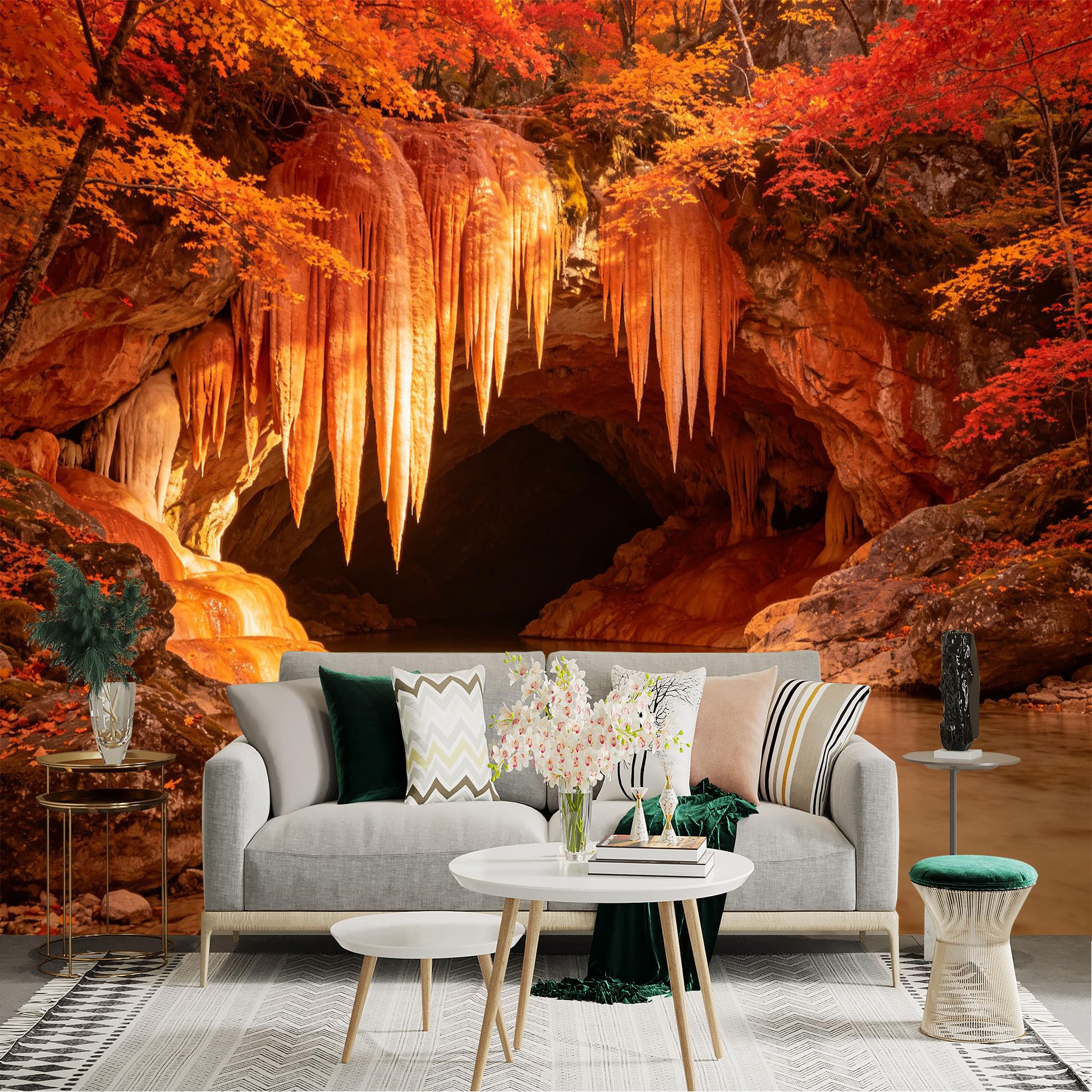 Lnzczhyre Dbh260521144 Custom Size Wall Sticker Mural， Autumn Cave Scenery， Golden Stalactites With Pond， Vibrant Fall Forest， For Wall Decoration， Peelandstick Wall Decals.