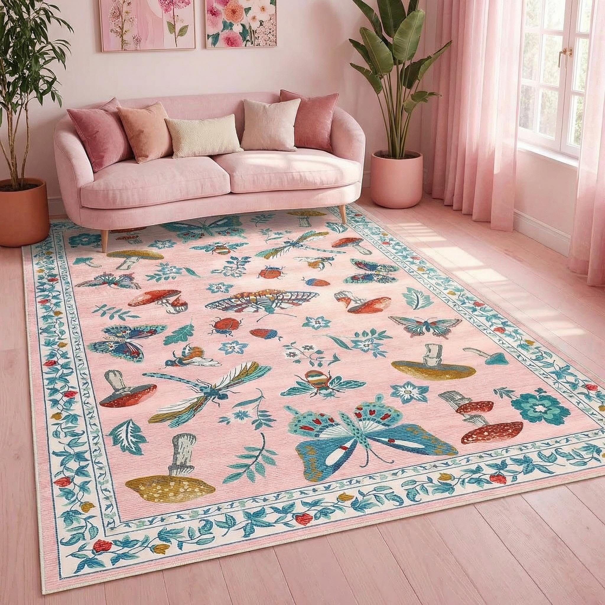 CAROMIO Mushroom Butterfly Rug 120x170 cm for Living Room Dusty Pink