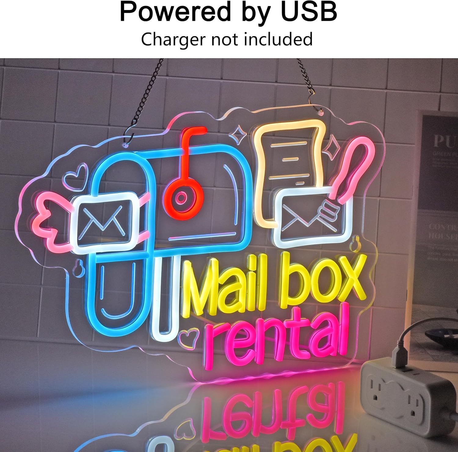 Mail Box Rental Neon Sign, Neon Lights Hanging Wall Art Decoration for Portal Service Shipping Stationery Stores Pack Store Home Decor, USB Powered Ultra Bright Dimmable, 16.5×11.4inches