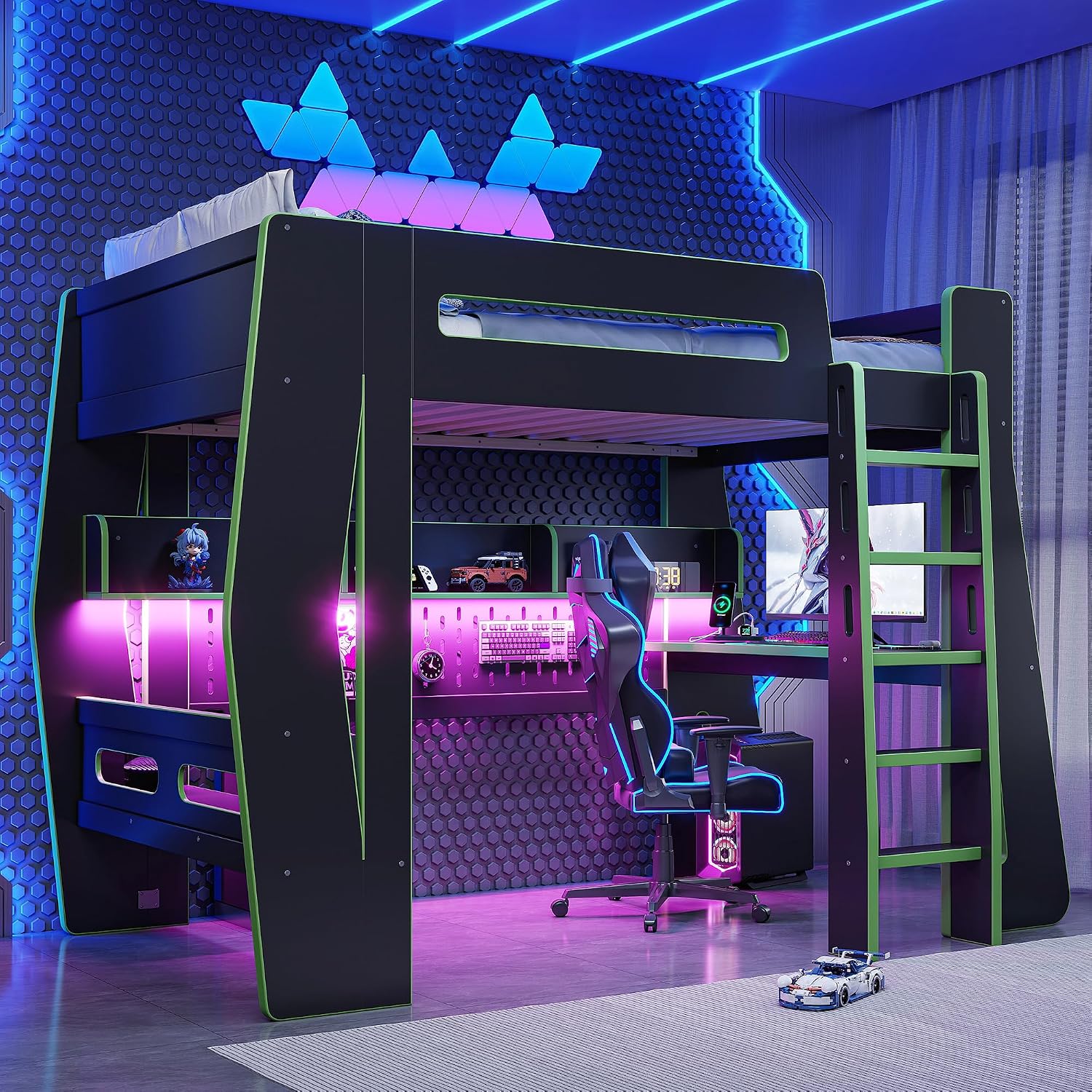 SOFTSEA Twin Size Gaming Loft Bed with Desk, Storage and LED Lights, Green