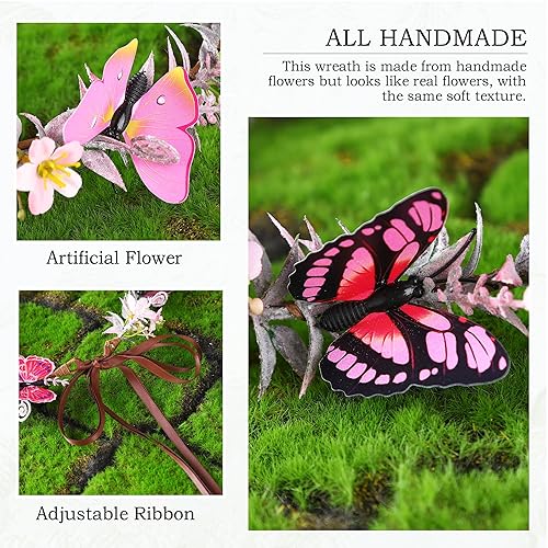 Miniatura 6 de MOSTORY Corona de mariposa de flores rosas hecha a mano, diadema de elfo de hada, bosque, bohemio, corona de elfos del bosque para mujeres,