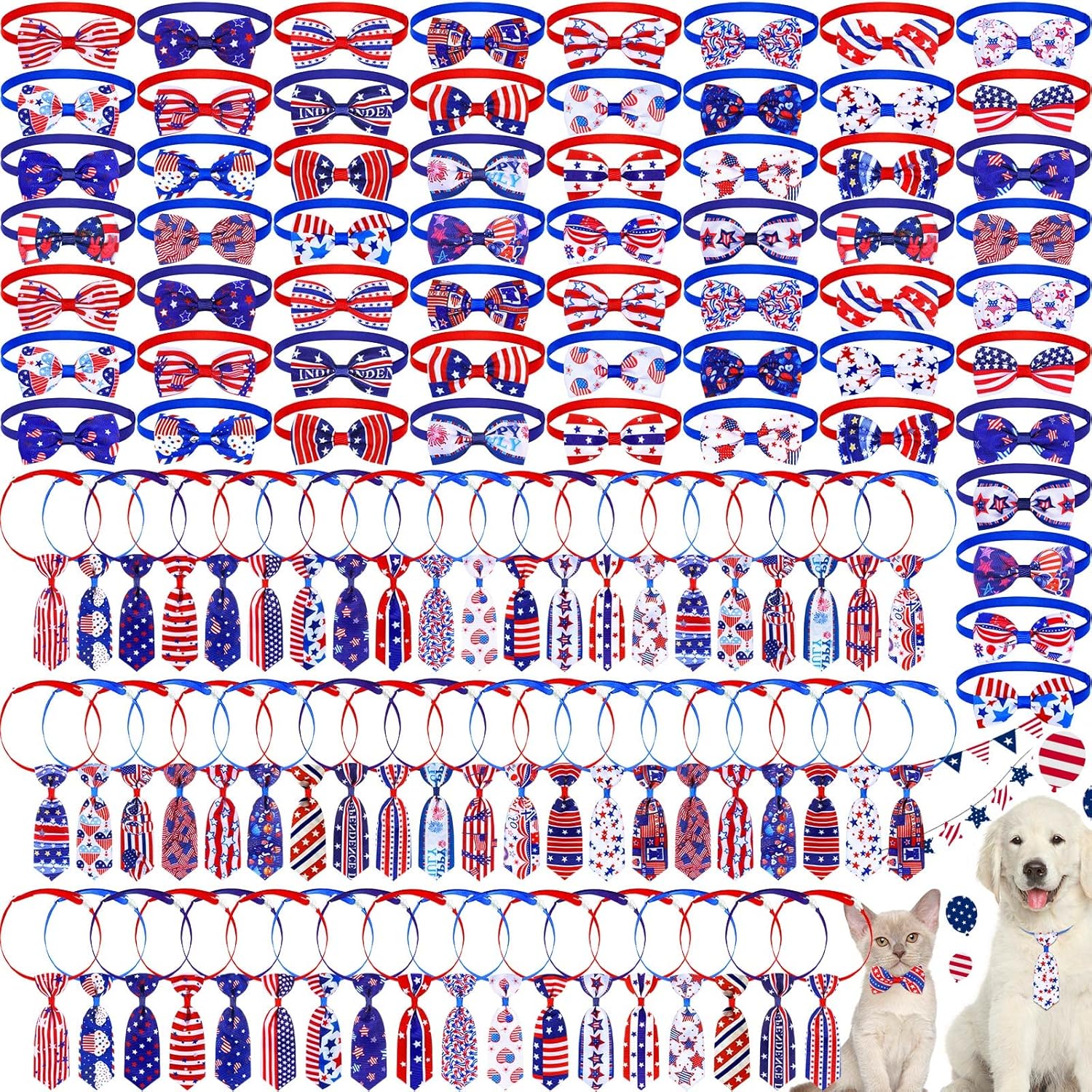 Eccliy 120 Pcs 4th of July Patriotic Dog Bow Ties Independence Day Red White Blue Bow Ties Dog Collars American USA Memorial Day Patriotic Bowties Neckties Adjustable Basic Pet Collars Accessories