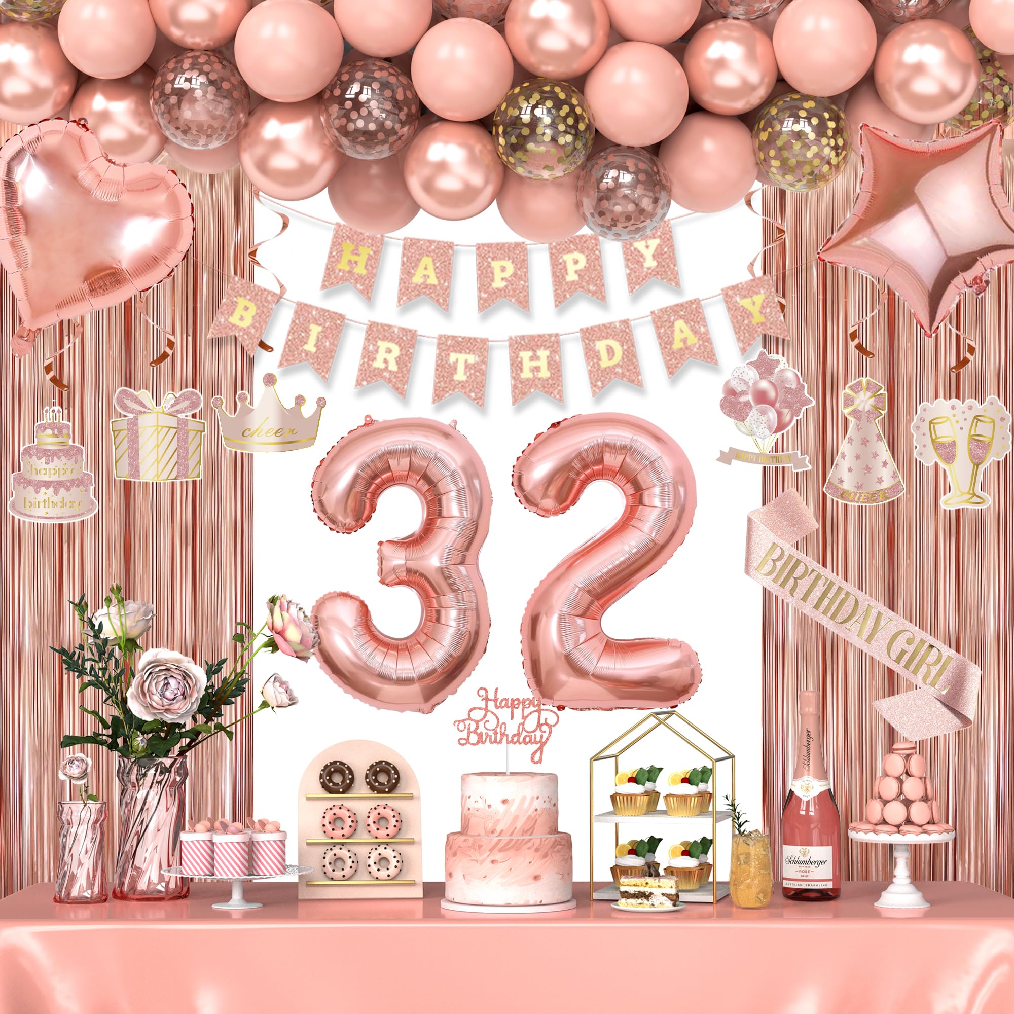32nd Birthday Decorations for Women Girls, Happy 32 Birthday Decorations for Her, Rose Gold Birthday Party Supplies with Banner, Number Balloons,