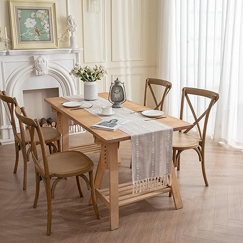 Miniatura 2 de Camino de mesa de lino rústico, a rayas, bordado bohemio, de 48 pulgadas de largo, con borlas tejidas a mano para cocina, comedor, vacaciones, boda,