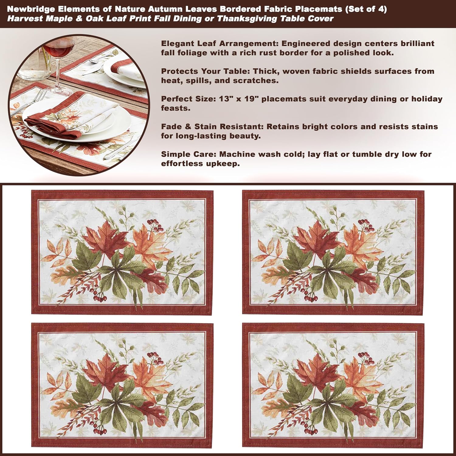 Newbridge Thanksgiving Elements of Nature Fall Foliage Bordered 60 x 144 Inch Rectangle Fabric Tablecloth, Swirling Leaves Easy Care Stain and Wrinkle Resistant Table Cover for Holiday Party Dining