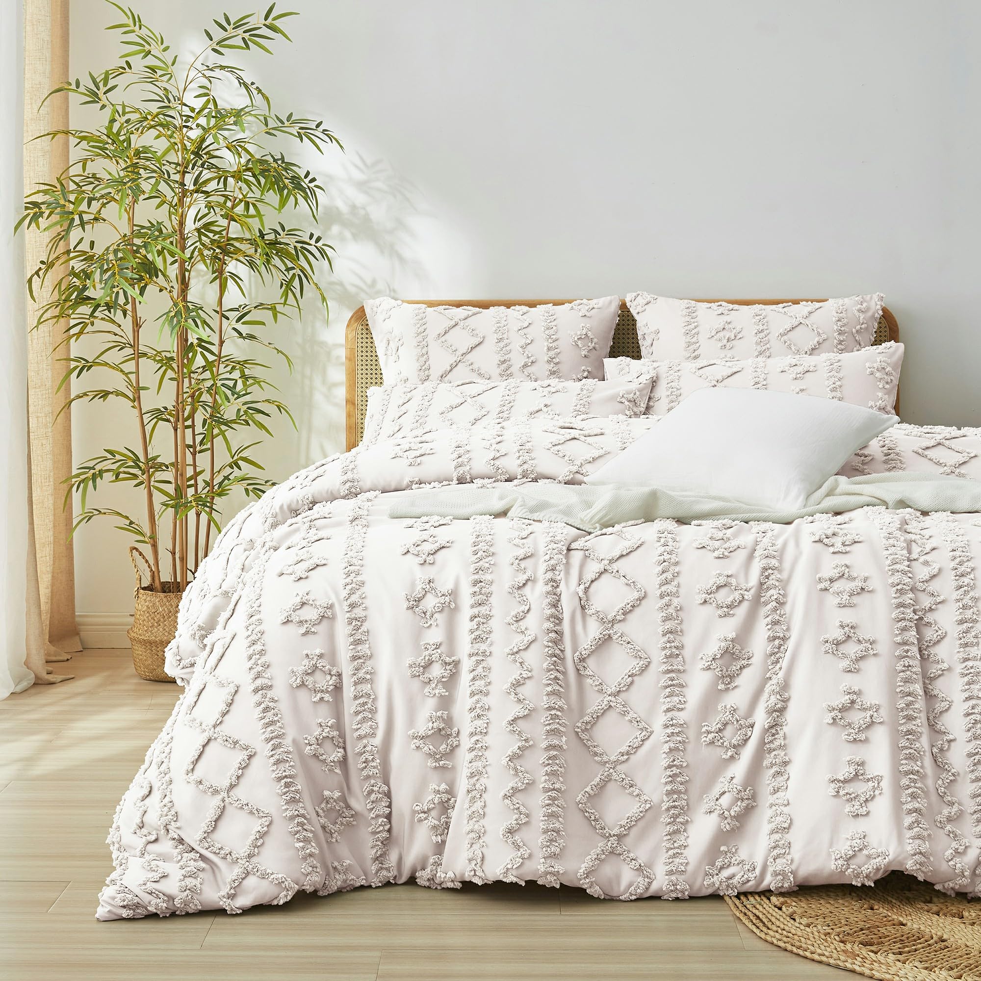 Luofanfei Housse de Couette 240 x 260 Beige Bohème Rayée Geometrique Parure de Lit Adulte 2 Personnes avec Fermeture Éclair Parure Housse Couette Boheme Style avec 2 Taie d'oreiller 65x65 cm