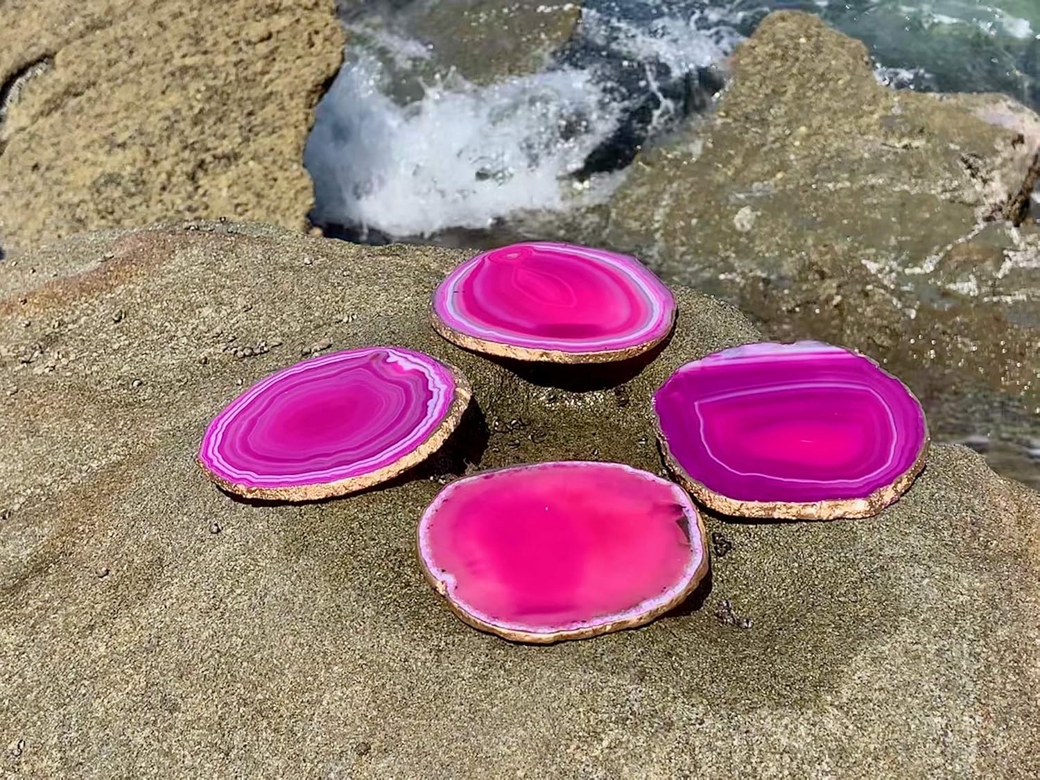 Set Of 4 Agate Coasters - Pink Colored Agate Coasters - Gold Rimmed - Bumpers