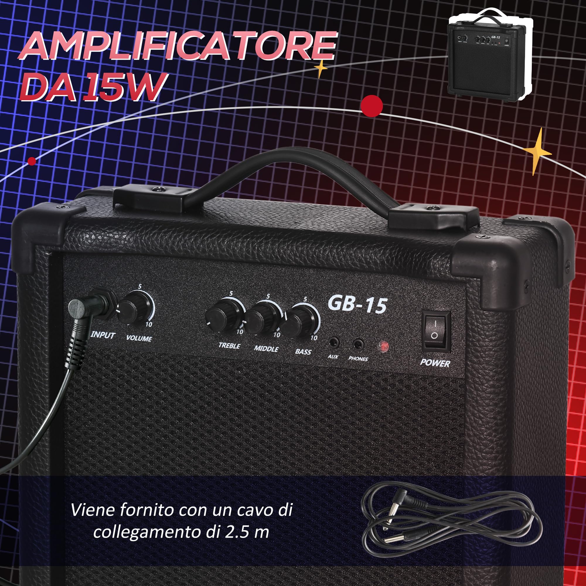 SPORTNOW Chitarra Basso Elettrico 4 Corde con Amplificatore 15W, Borsa, Tracolla, Blu Scuro