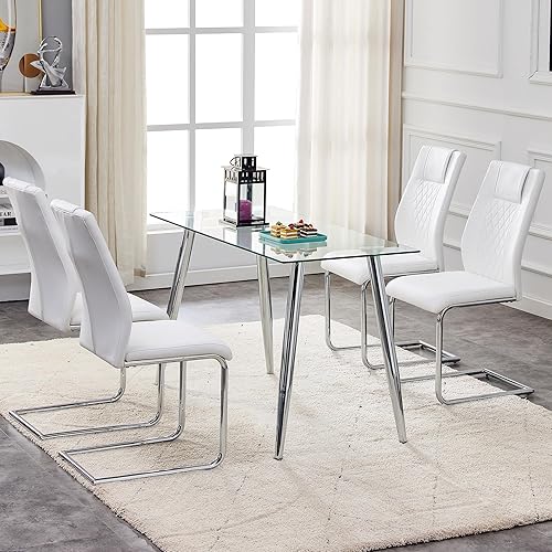 Miniatura 8 de Juego de 4 sillas de comedor, con asiento acolchado de piel sintética, sillas de comedor, silla tapizada con patas de metal para cocina, color blanco