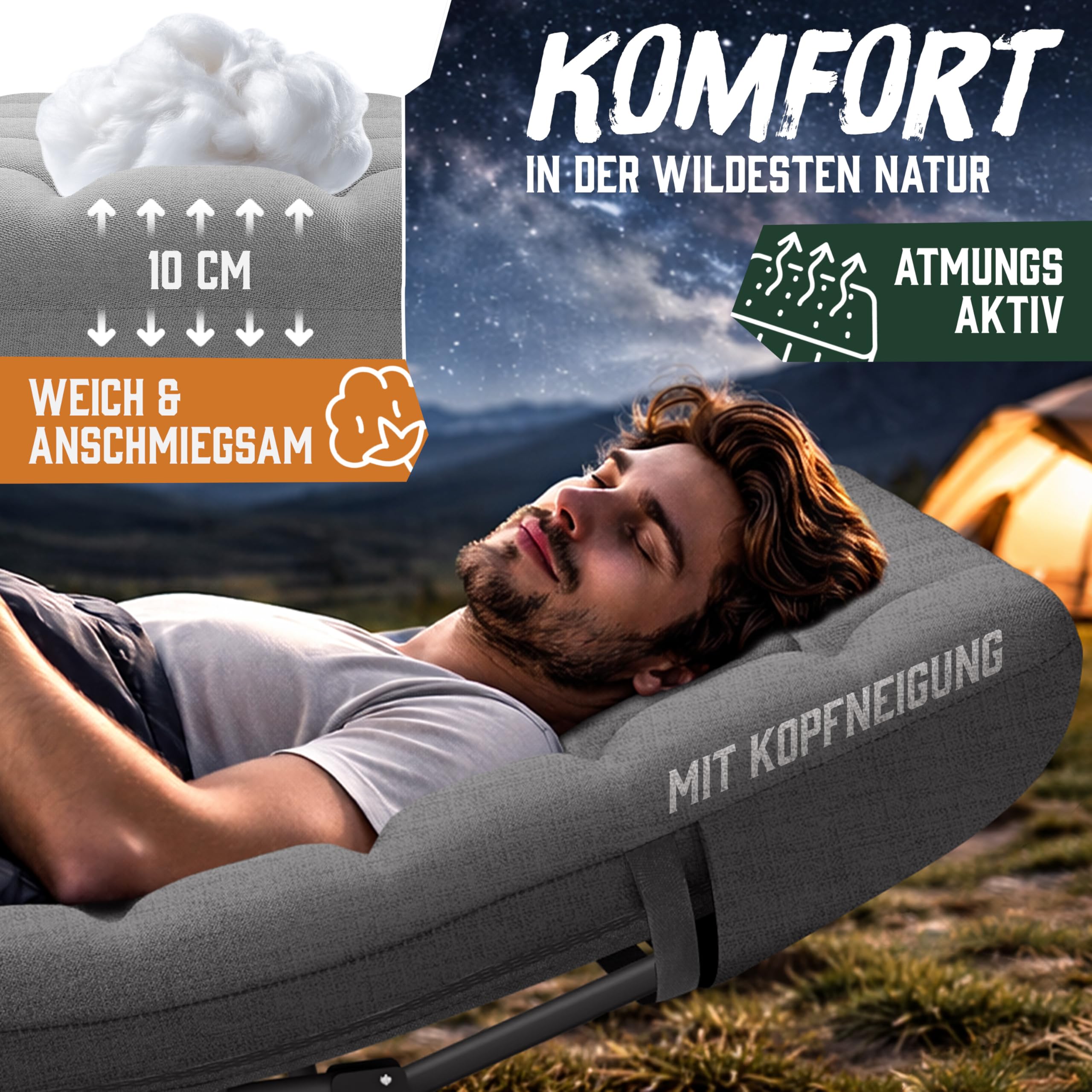 ELONEO NEU Feldbett klappbar mit Premium Auflage | Campingbett bis 200kg belastbar | Campingliege mit Seiten- & Tragetasche | Gästebett klappbar | Klappliege Indoor und Outdoor | Reisebett Erwachsene
