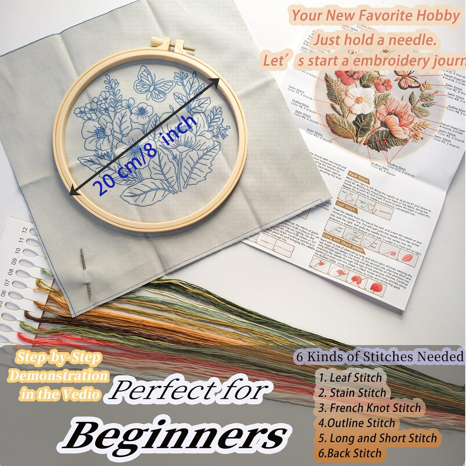 FONNUY Boho Floral Embroidery Kit, Pre-Stamped Butterfly Frolicking in Blooms Patterns Kits for Adults and Beginners, Handmade DIY Crafts Set, Color Thread Needlework, 8'' Hoop (Pink A1)
