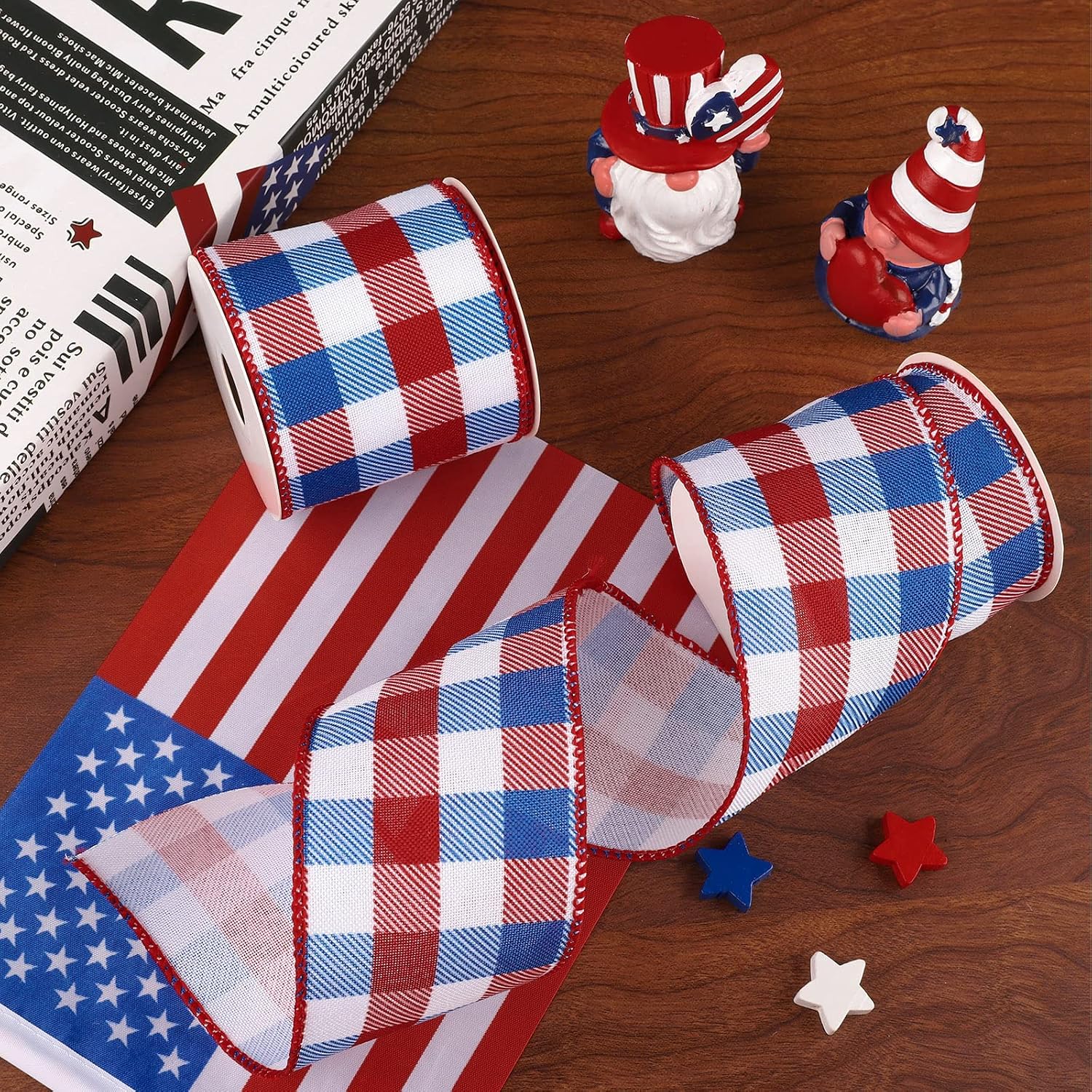 Whaline 2 Rolls 4th of July Wired Edge Ribbons Patriotic Buffalo Check Plaid Ribbon 2.5 Inch Farmhouse Craft Ribbon for Independence Day DIY Gift Wrapping Bow Decor, 10 Yards