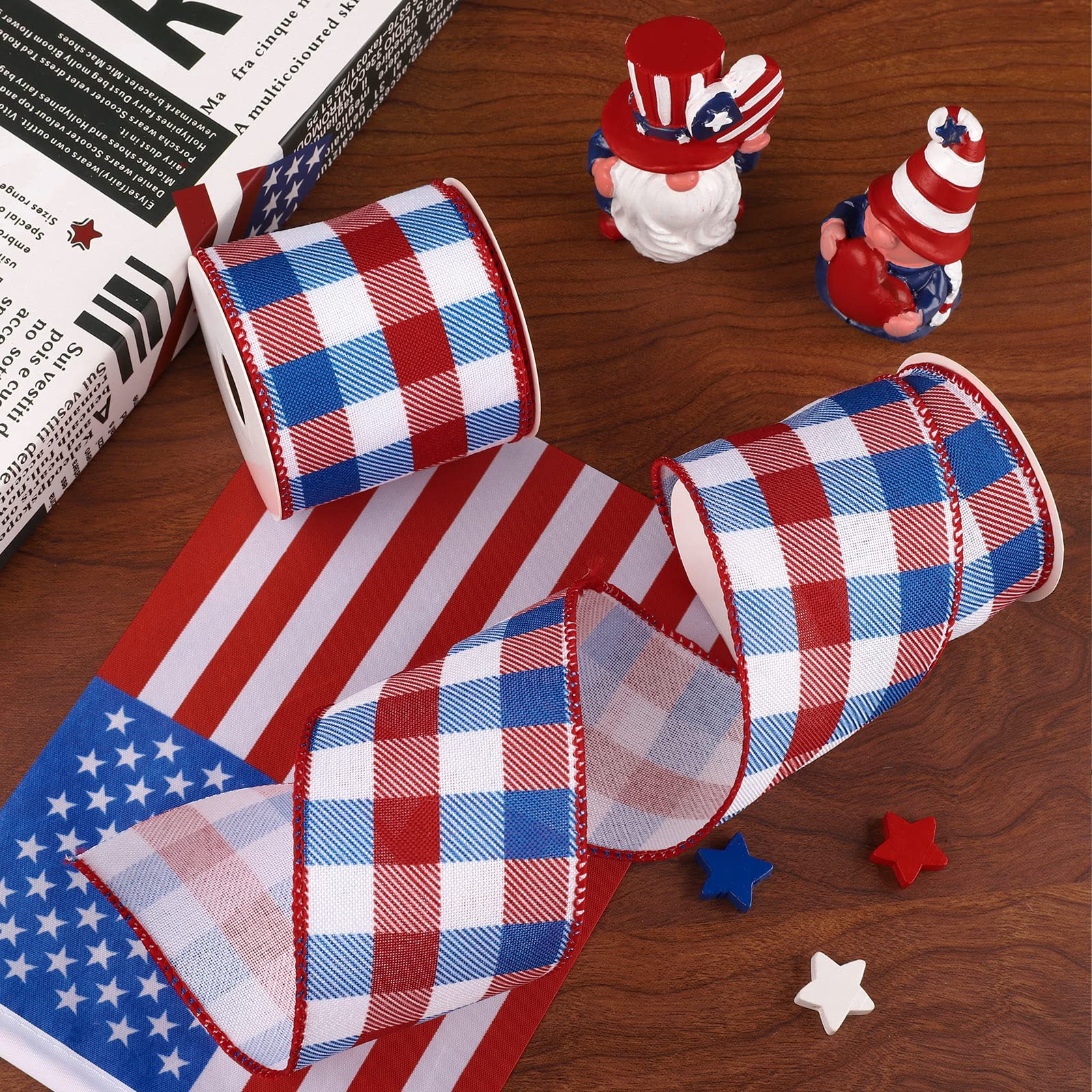 Whaline 2 Rollen 4. Juli Drahtrand Plaids Band Patriotisches Büffelkaro Band Rot Blue Plaids Ribbon 6,3 cm Bauernhaus Bastelband für Independence Day DIY Geschenkverpackung Schleife Dekor, 9,1 m