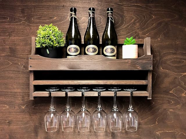 Wooden Wine Bottle Holder and 6 Glass Wall Mounted Display (6DO)(EM)