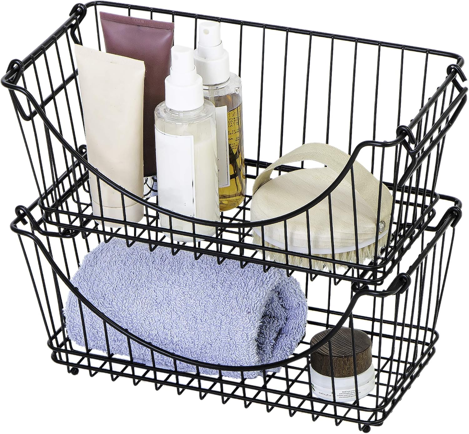 Smart Design Stacking Baskets with Handles - Set of 2 Medium - Steel Metal Wire - Fruit Produce & Vegetable Safe Storage Bin Organizer - Pantry Counter Stand Rack - Kitchen - 12.5 x 5.5 Inch - Black