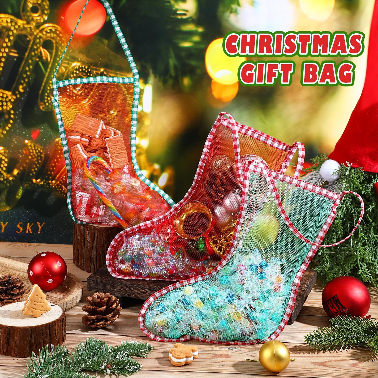 Wettarn 24 Stück Weihnachtsstrümpfe Netz – Rot & Grün Kariert | 29x13,5 Cm, Für Süßigkeiten & Geschenke | Baum- & Kamindeko