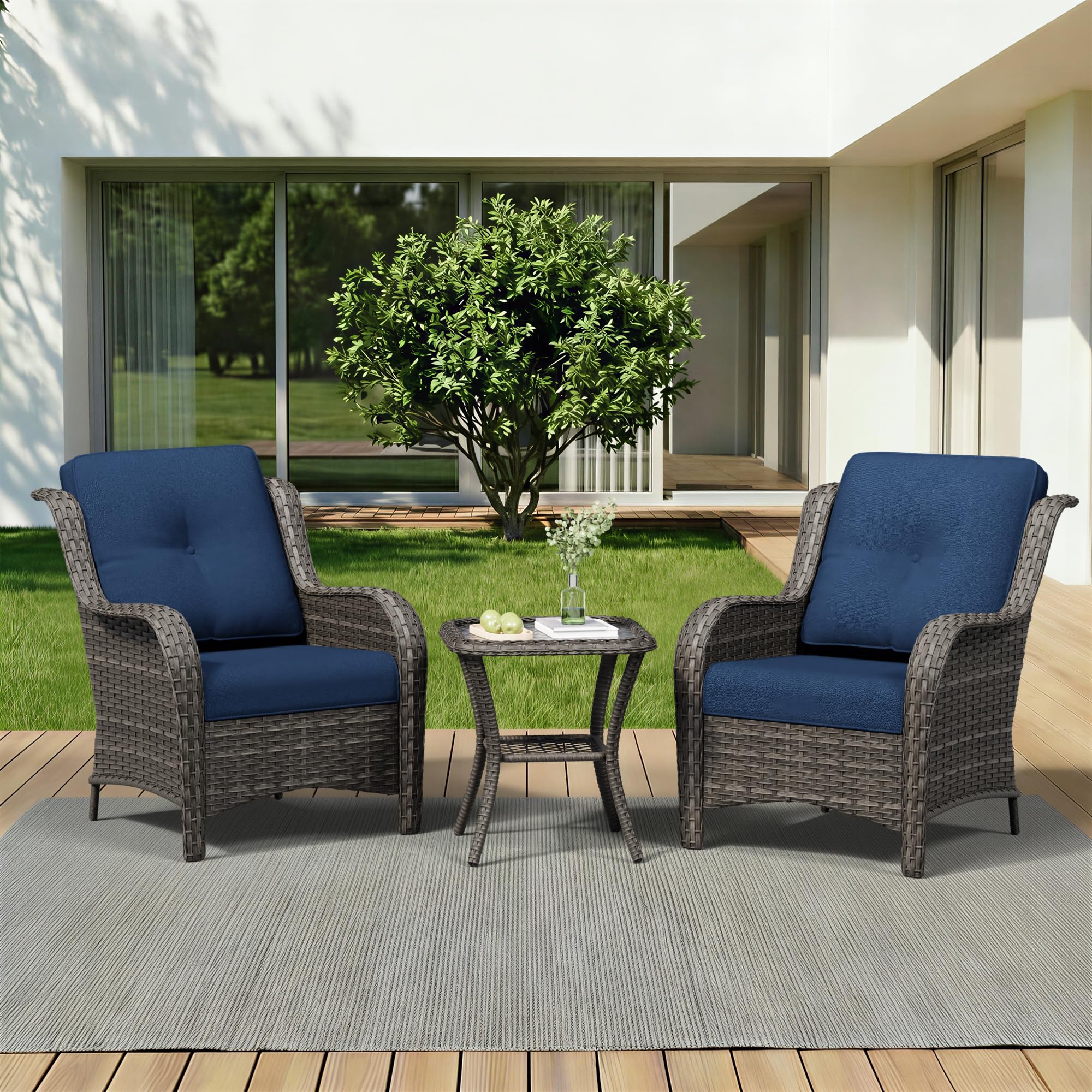 3 Pieces Outdoor Wicker Patio Furniture Set - Patio Chairs Set with Thickened Olefin Cushions, High Back and Deep Seating, Curved Armrest, PE Rattan for Porch, Deck, Balcony,Blue