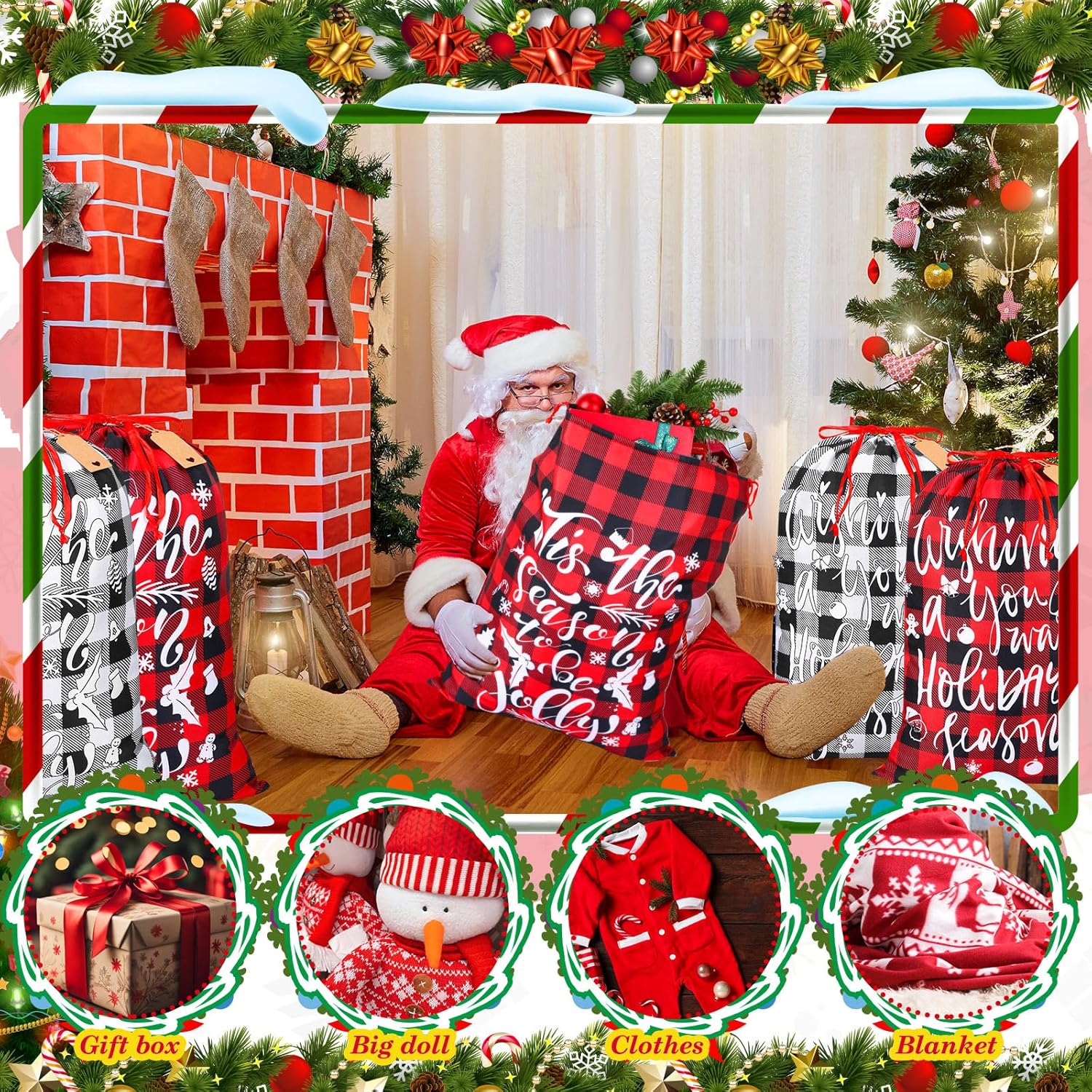 Aliceset 6 Pcs 20 x 28 In Christmas Buffalo Plaid Drawstring Bags with Tags Large Xmas Wrapping Bags Reusable Christmas Fabric sack for xmas Party Supplies(Black, Red, White)