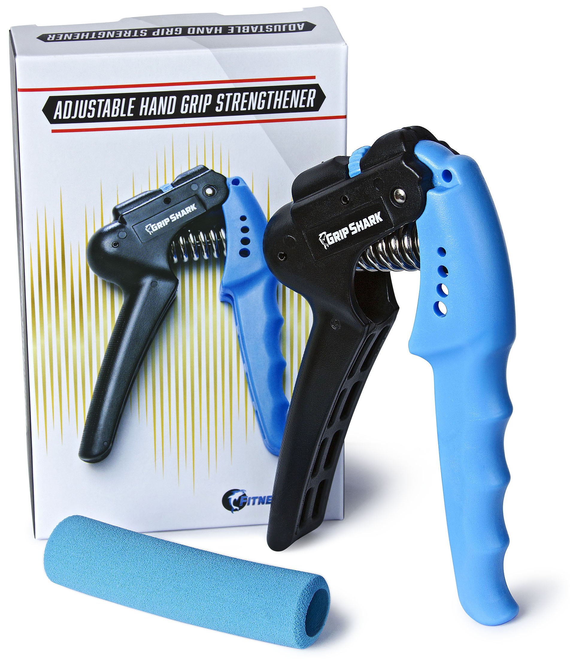 Grip Shark Grip Strengthener + FREE BONUS Comfort Grip - Premium Adjustable Hand Wrist Grip Finger Forearm Exerciser - Best Resistance and Range 22 to 70 Lbs (10-32 Kg)