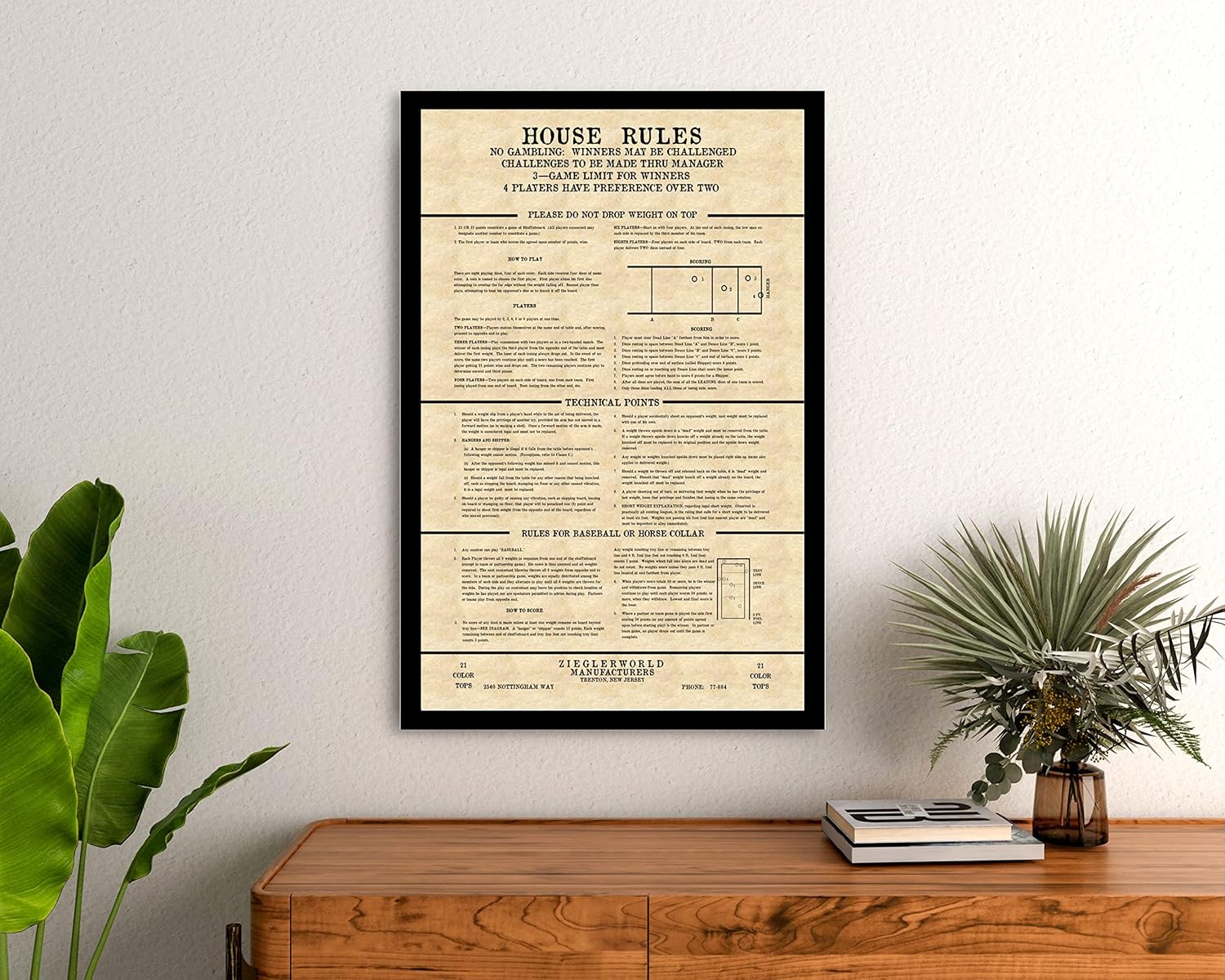 Zieglerworld Old Time Shuffleboard House Rules - Framed Art Poster, 12 x 18 Inch, Acrylic, Wall Mount, Retro Style