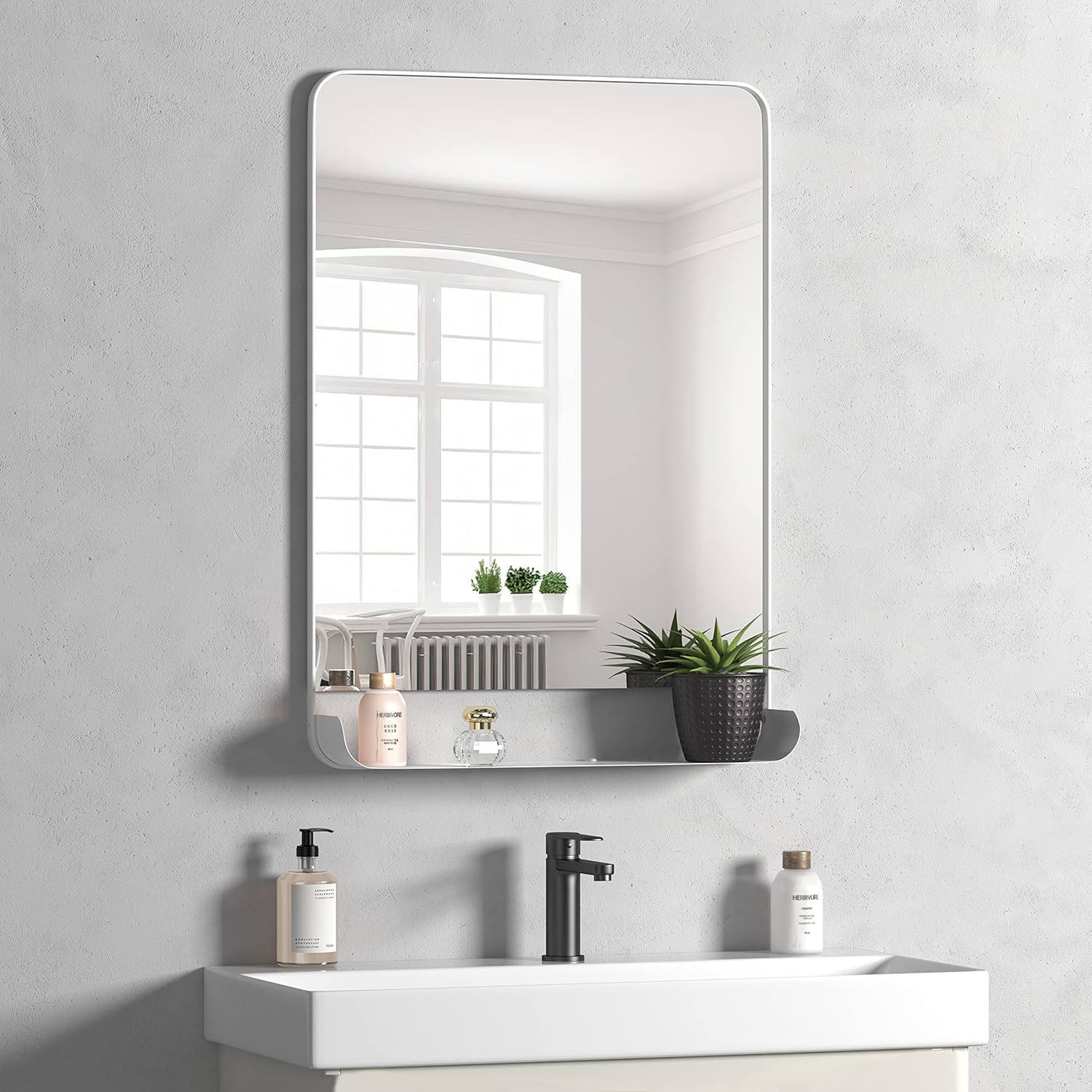 Amazon.com: HMANGE White Metal Framed Bathroom Mirror with Shelf Vanity ...
