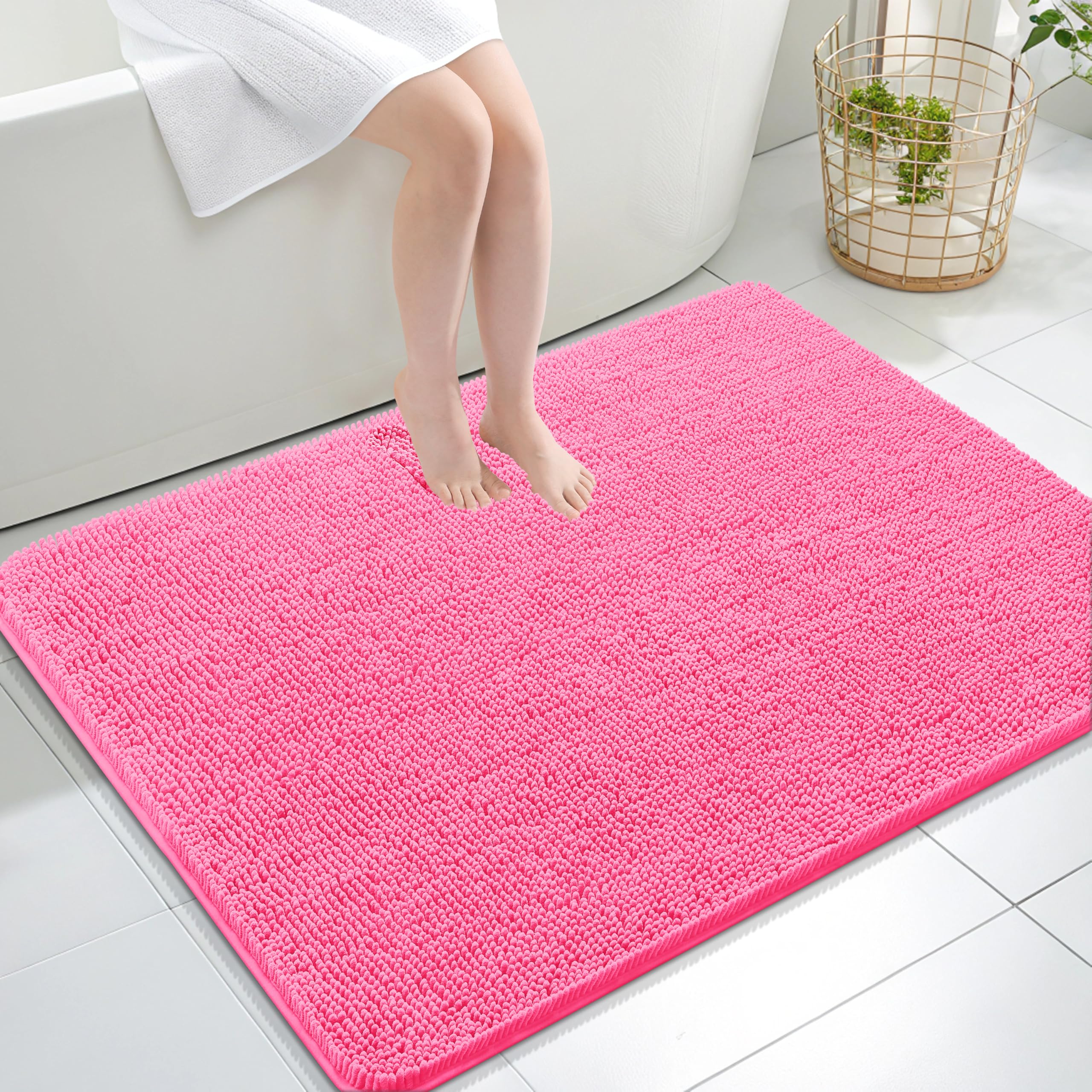 OLANLY Large Bathroom Rugs 40x32, Extra Soft Absorbent Chenille Bath Rugs | Hot Pink, Quick-Drying Rubber Backing, Machine Washable Bath Mat for Bathroom Floor, Tub and Shower, Home Decor Accessories