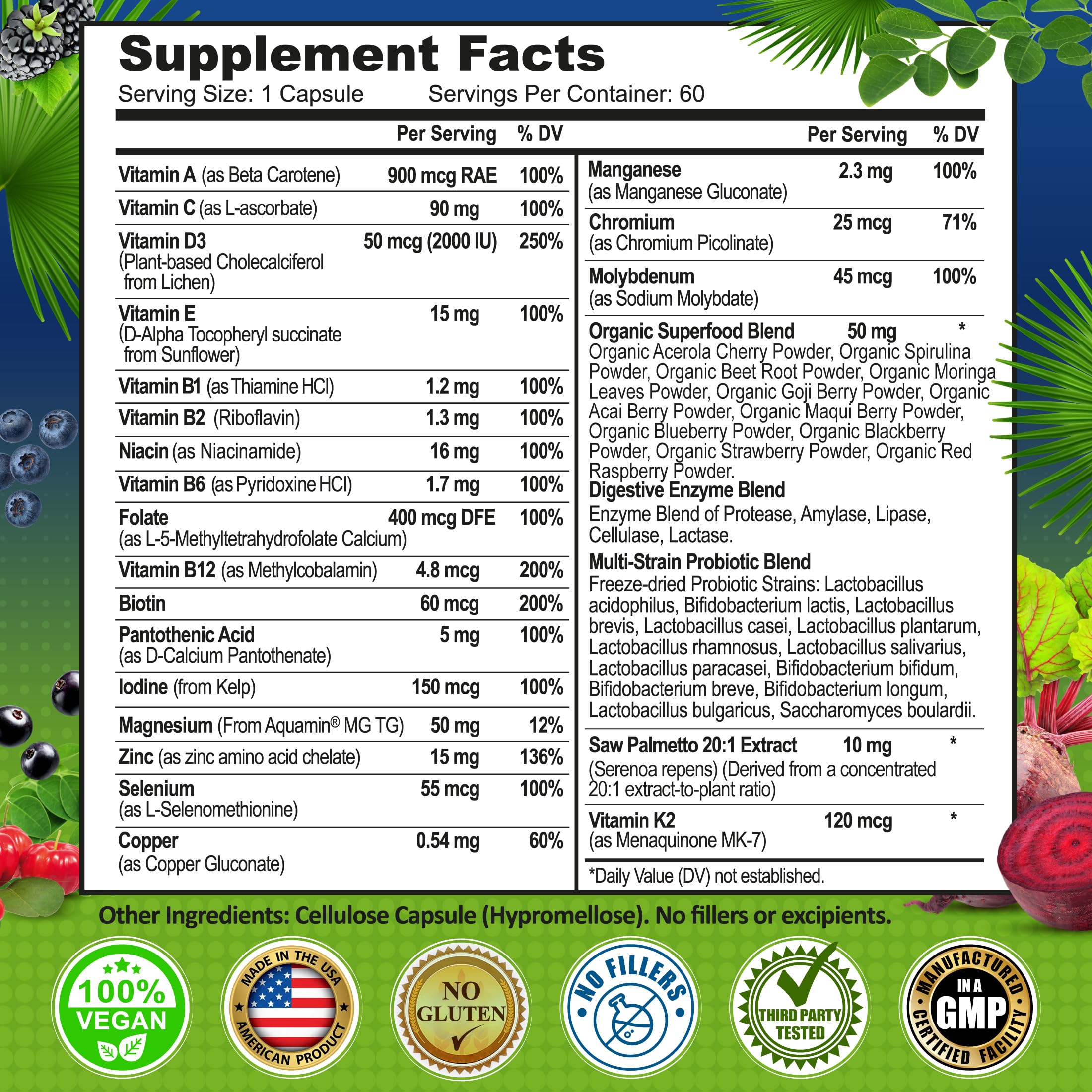 Vegan Methylated Multivitamin for Men - Saw Palmetto, Biotin & Probiotics — Amazon image 6