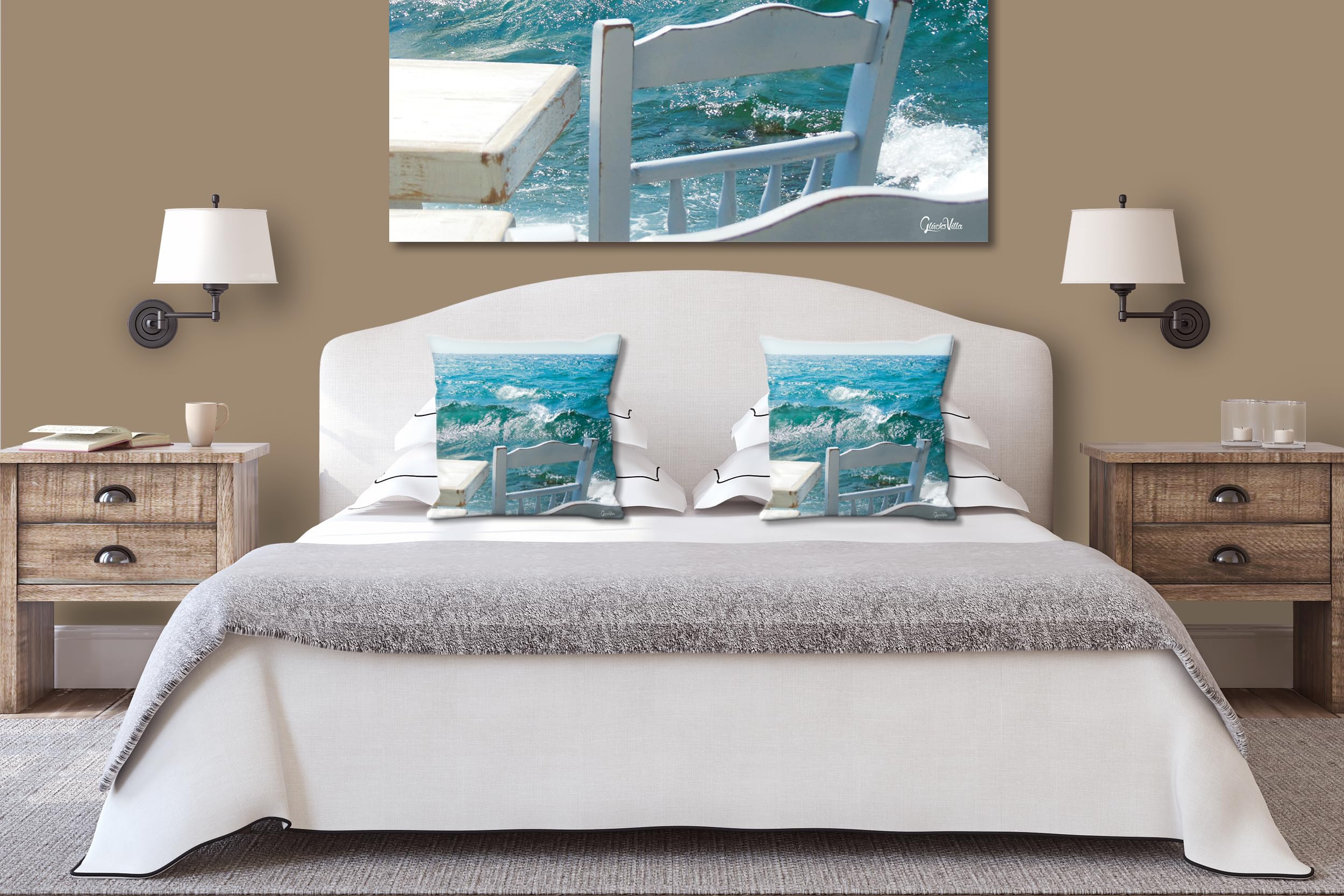 Mykonos - Foto-Kissen-Hülle Set (2 STK.) 40 x 40 cm | Kissen-Bezüge - passend zu Wandbild - Deko-Kissen - Hafen Taverne Ägäis Kykladen