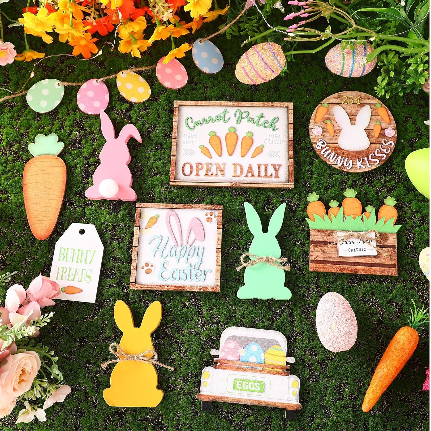 Beeveer 15 Pcs Easter Tiered Tray Decoration Spring Wooden Bunny Egg Carrot Sign Farmhouse Decoration Tiered Tray Decorative Plaques Suitable for Table Holidays Office Kitchen(Bunny Carrot)