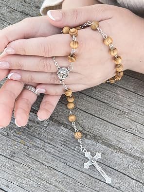Nazareth Store Catholic Prayer Rosary Olive Wood Beads Necklace Holy Soil Medal & Metal Cross Velvet Gift Bag