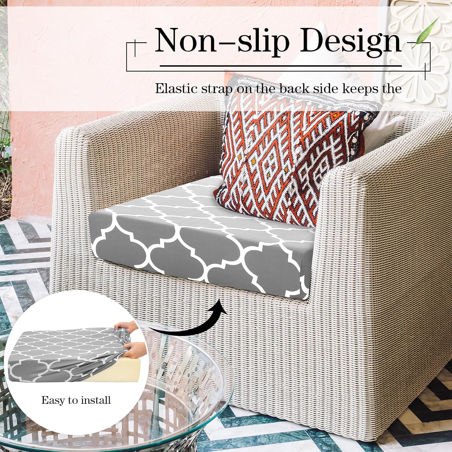 Newwiee 4 Pcs Waterproof Outdoor Cushion Covers for Patio Furniture Stretch Outdoor Couch Cushion Covers Replacement Moroccan Pattern Chair Seat Sofa Slipcovers Soft Flexibility Protector(Gray)