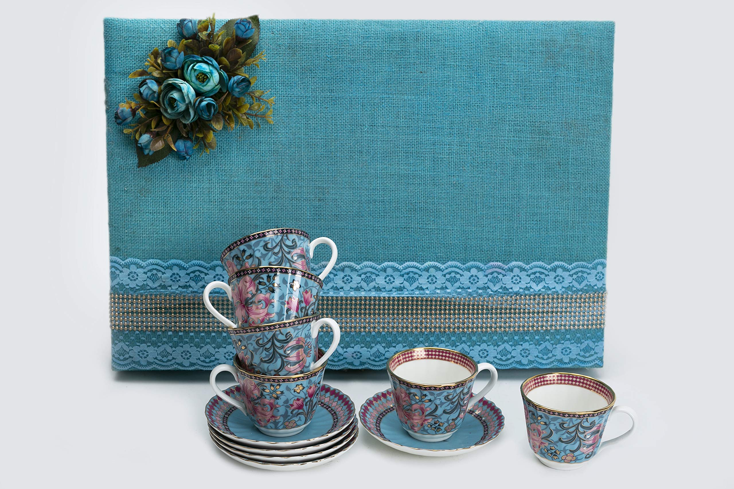 Vikas Khanna By Celeste Moksha Hand Craft 24K Gold Plated Ceramic Cup & Saucer Set of 6 Turquoise Blue