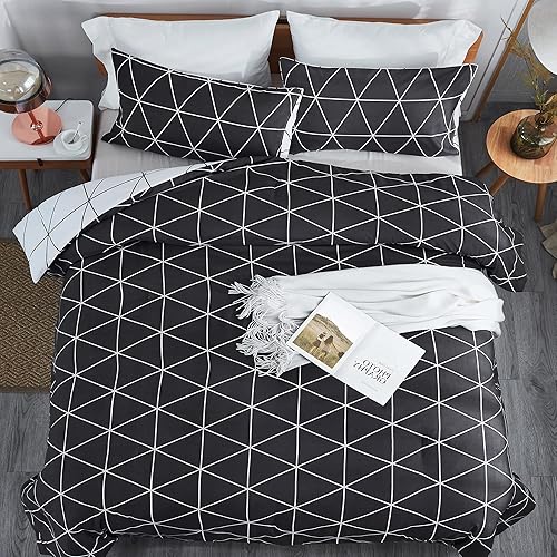 Miniatura 9 de Atarashi Juego de edredón reversible Queen de 3 piezas para todas las estaciones, edredón geométrico blanco y negro con 2 fundas de almohada (tamaño