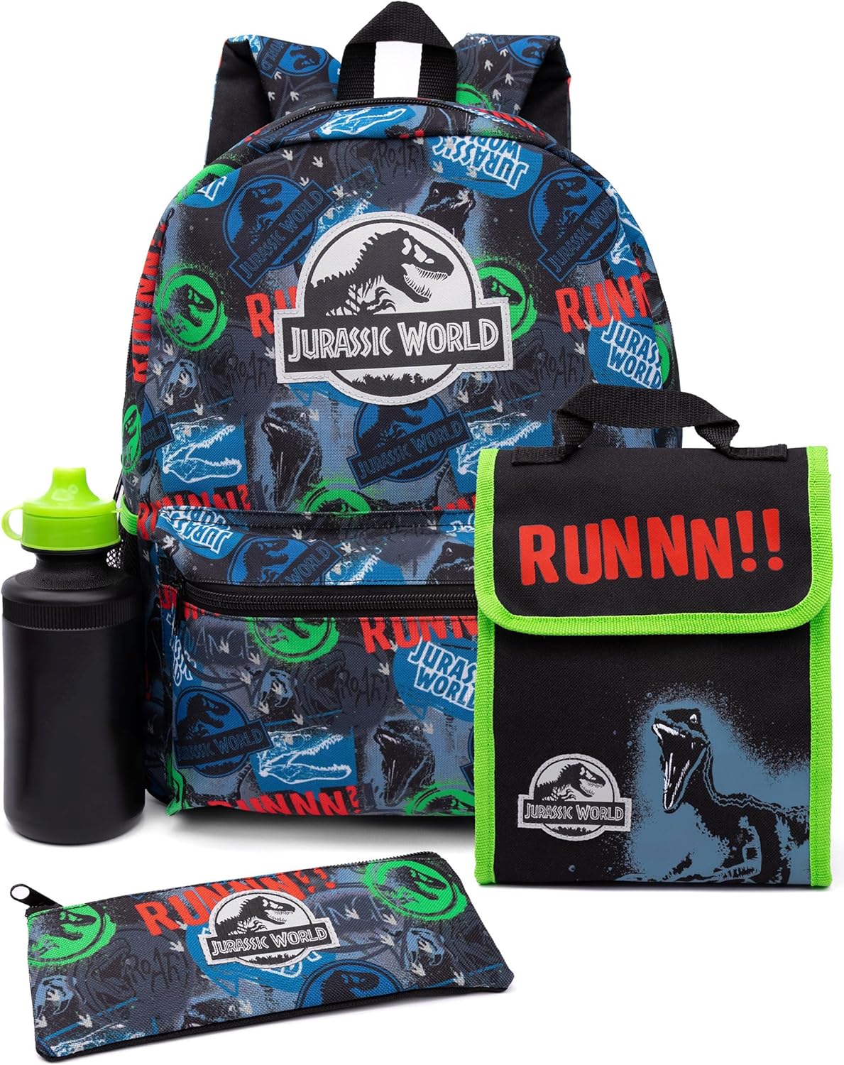 Jurassic World Backpack - Boys Kids 4 Piece School Lunch Box With Water Bottle