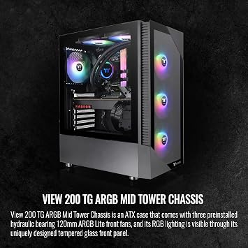 Thermaltake View 200 TG ARGB Motherboard Sync ATX Tempered Glass Mid Tower Computer Case with 3x120mm Front ARGB Fan, CA-1X3-00M1WN-00