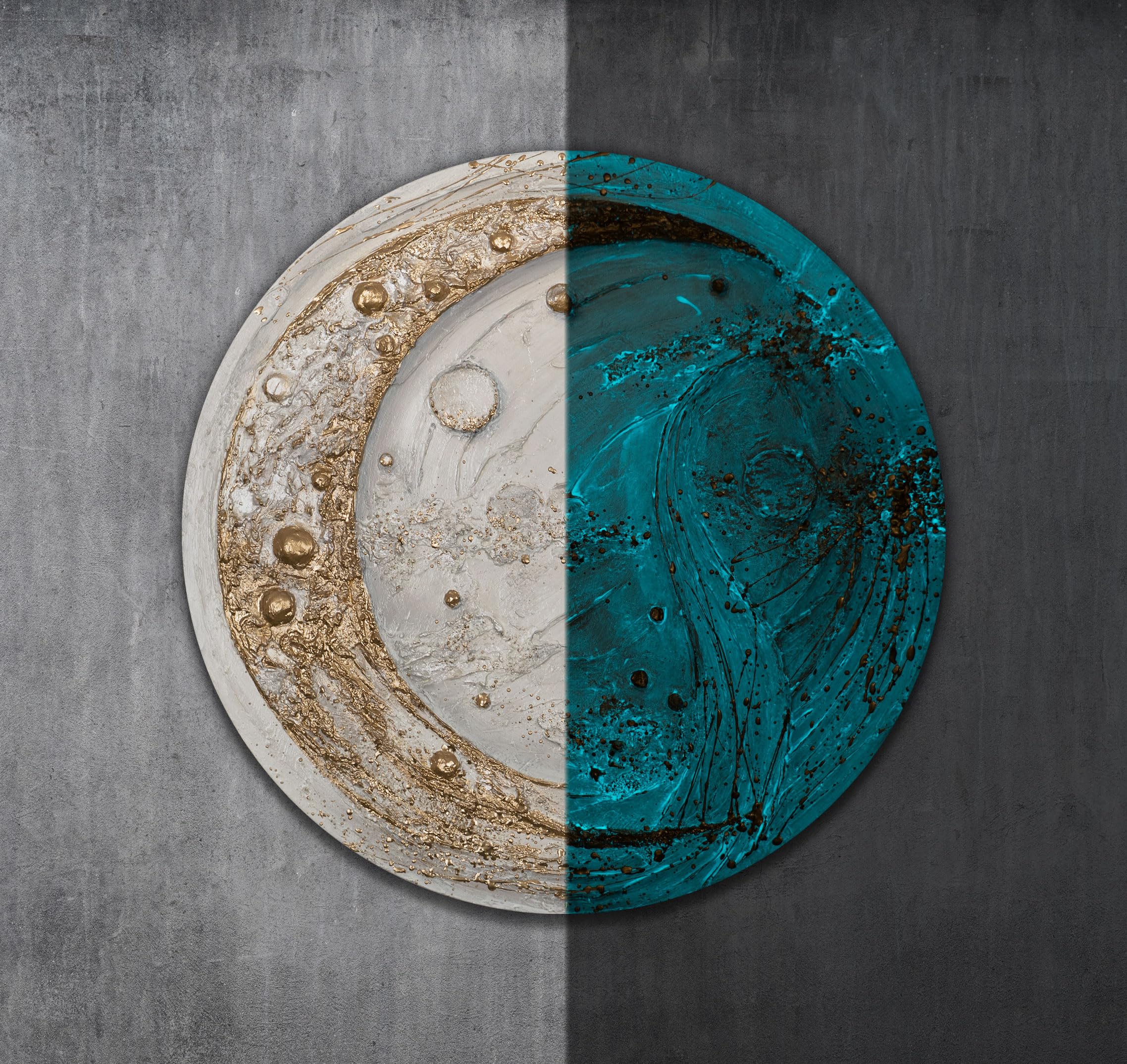Peinture 3D sur toile ronde authentique faite main au design abstrait moderne de 100 cm