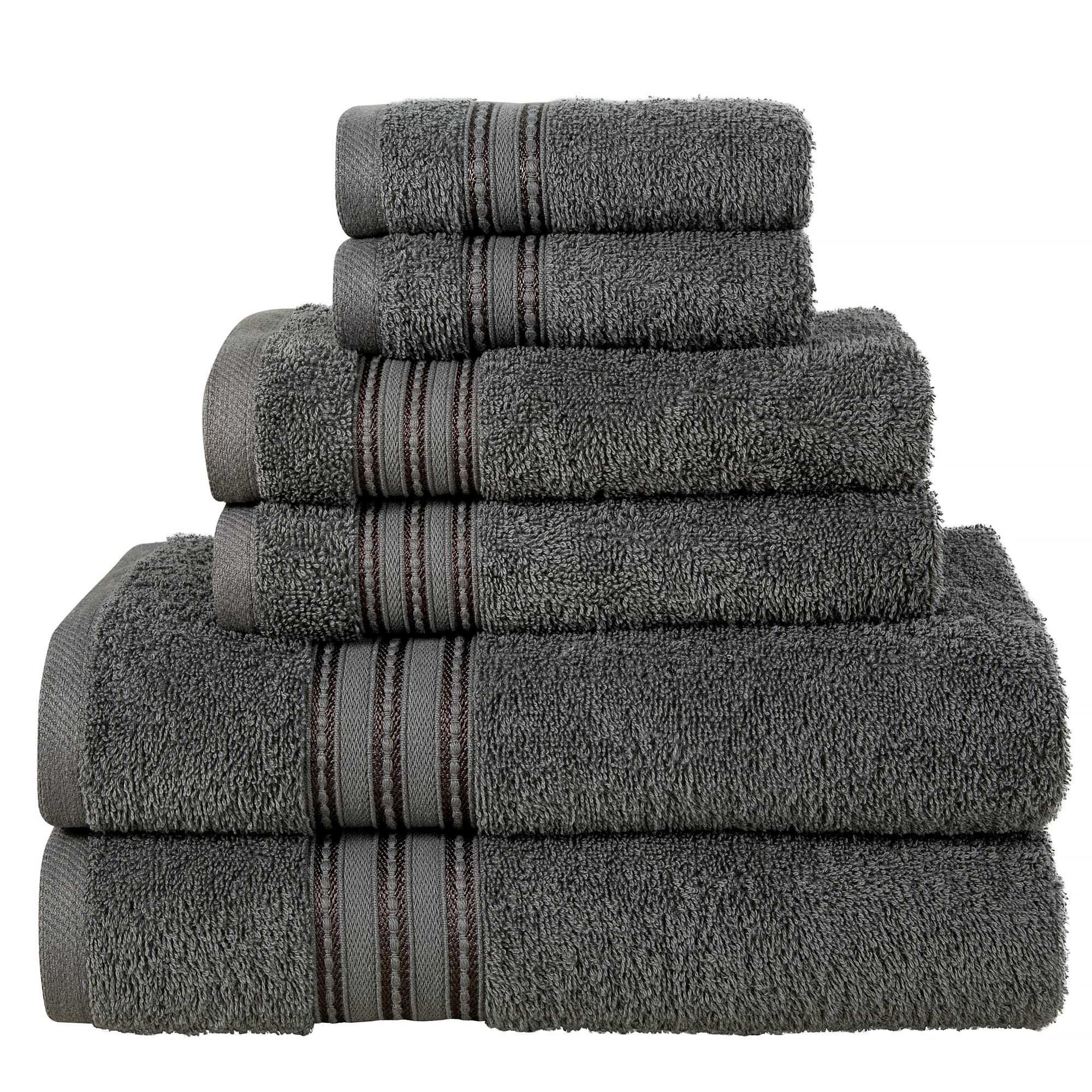 ERINA (Grey) Pack of 6 Towels; 2 Bath Towels, 2 Hand Towels and Washcloths - 100% Ring Spun Combed Cotton Quick Drying Absorbent Thick Bathroom Towel Soft Hotel Quality