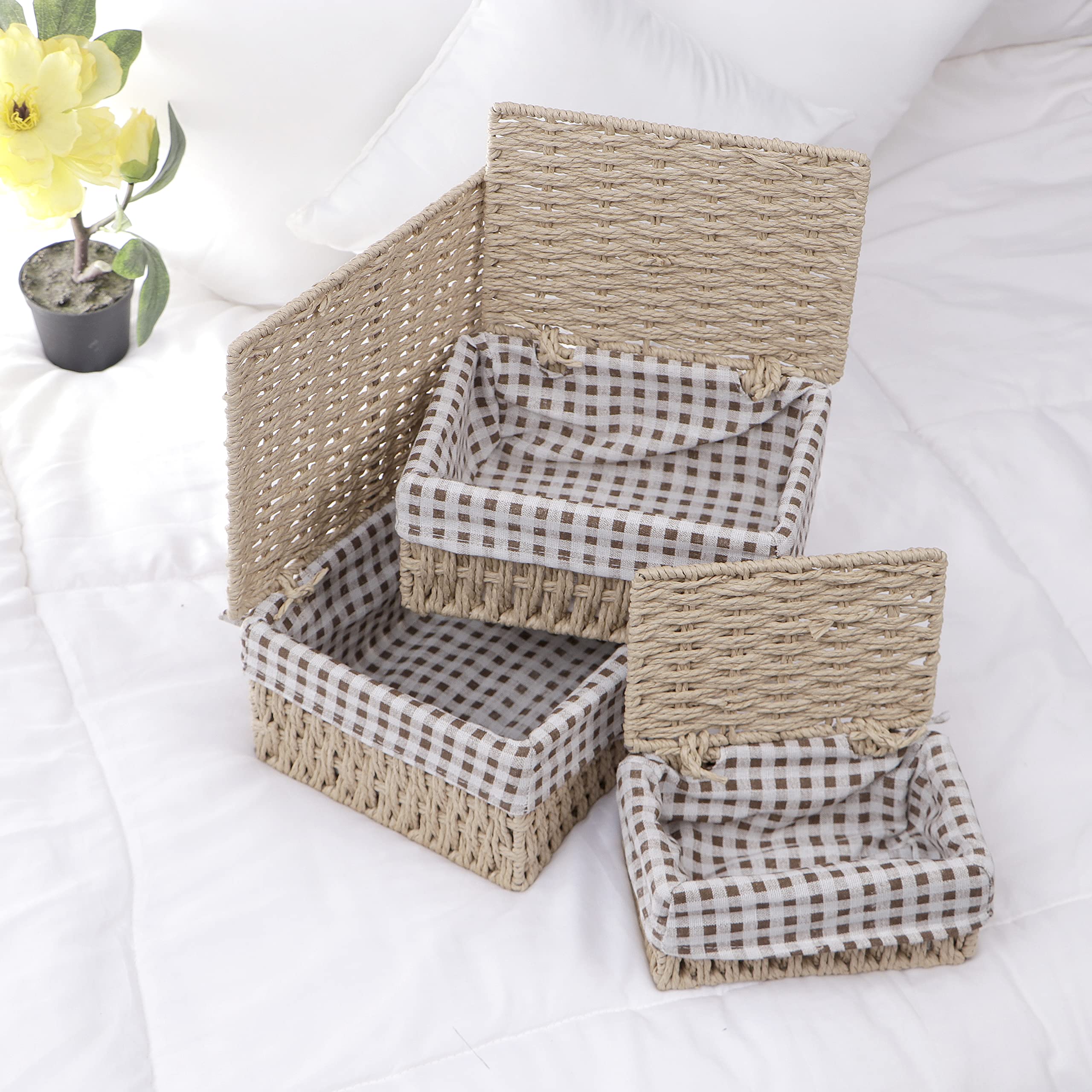HOKIPO Canastas de mimbre de cuerda de papel ecológicas con tapa, paquete de 3, beige (AR-3905-BGE)