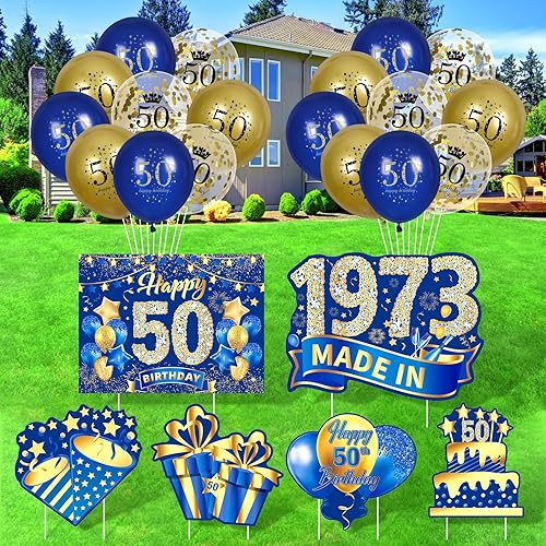 Decoraciones azules de cumpleaños 50 para hombres y mujeres, 6 piezas azul marino y dorado con estacas y 18 globos de 50 cumpleaños 1973 para fiesta disponible en Yaxa Peru