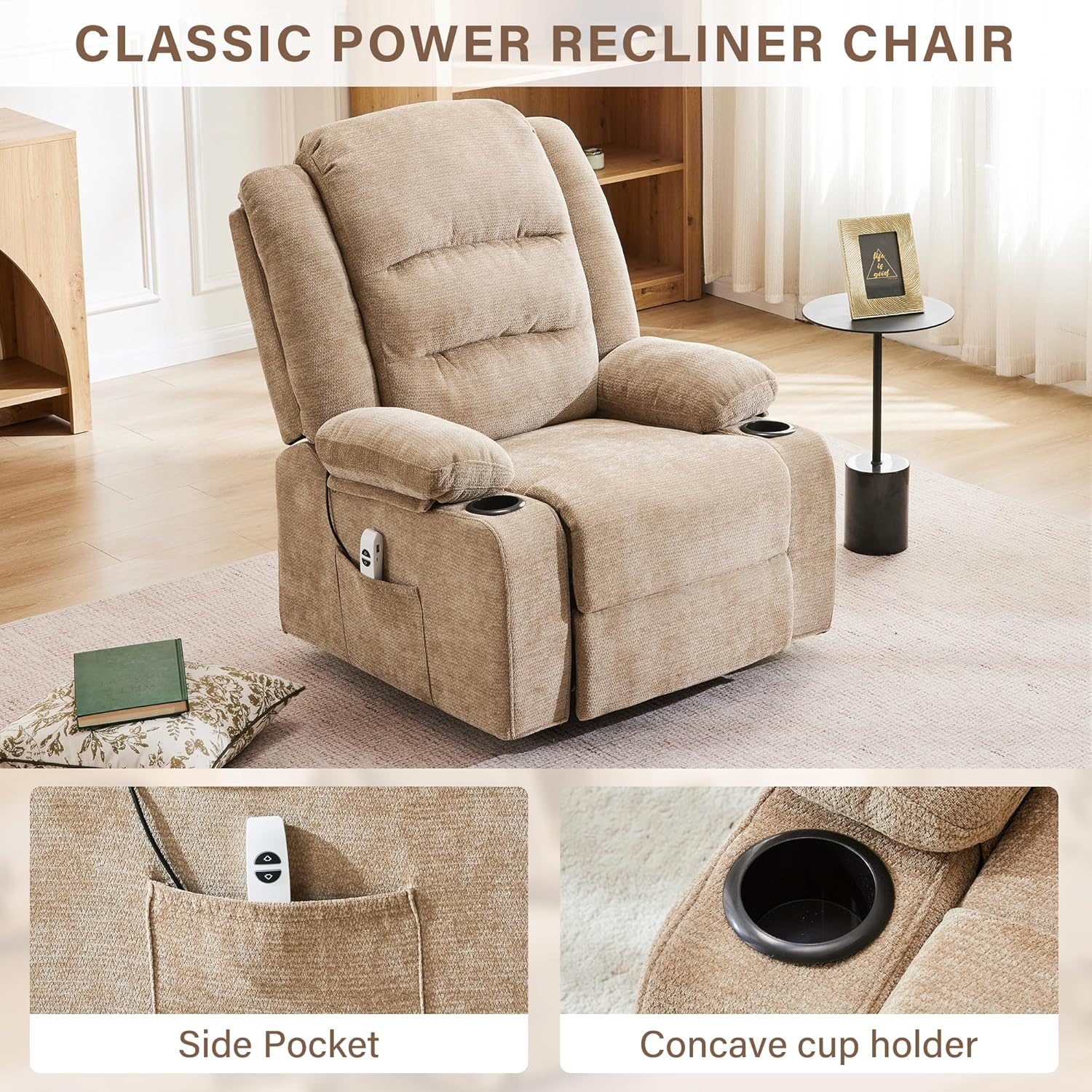 Power Recliner Chair for Adults, Electric Reclining Chair with Cup Holders, Home Theater Seating Lounge Chair for Living Room (Brown)