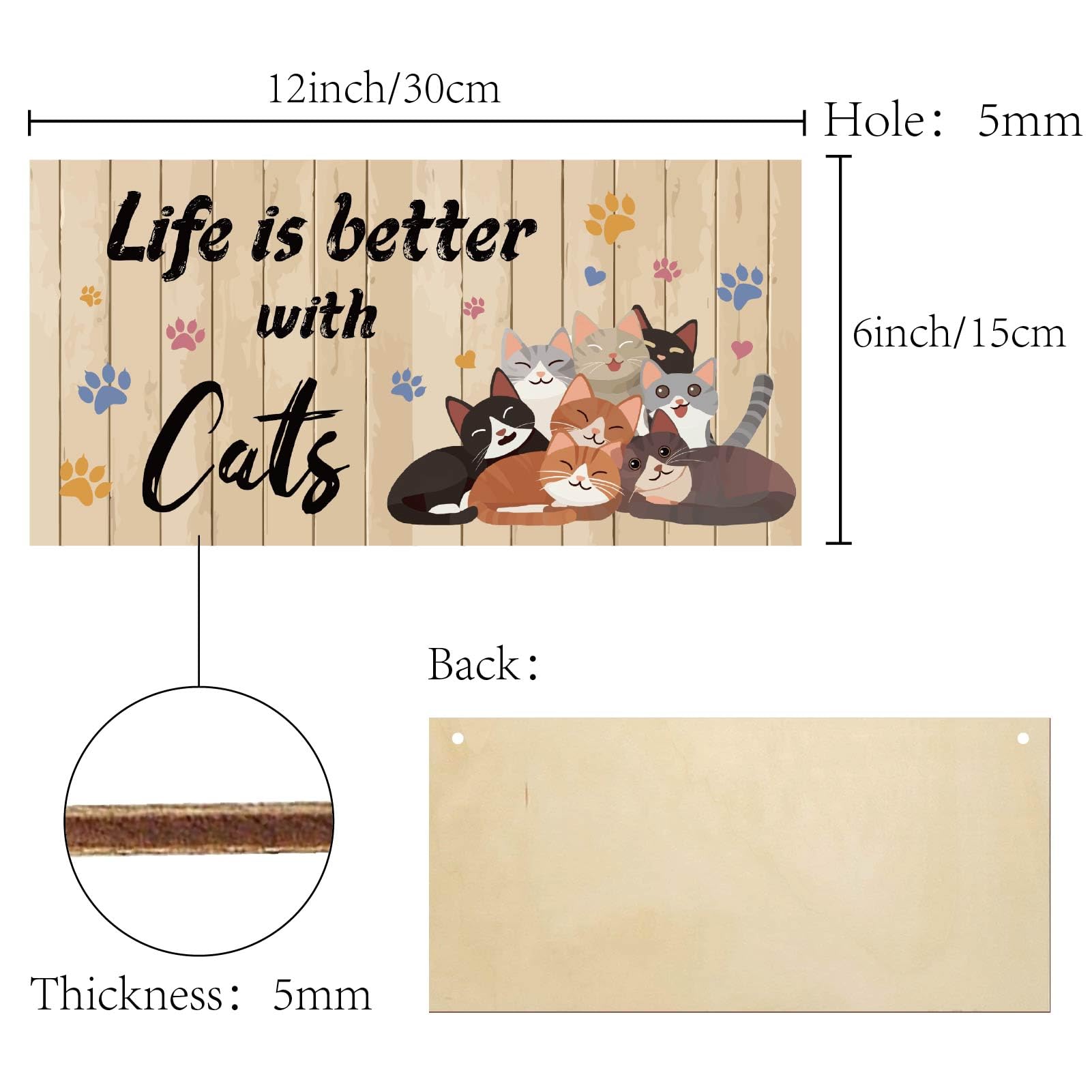 CREATCABIN Life is Better with Cats Wood Sign Rustic Wooden Plaque with Jute Twine Kitten Decorative Cat Paw Print Wall Art Decor for Pet Shop Home Hanging Ornament Cat Lover Gifts 12 x 6 Inch - Image 2