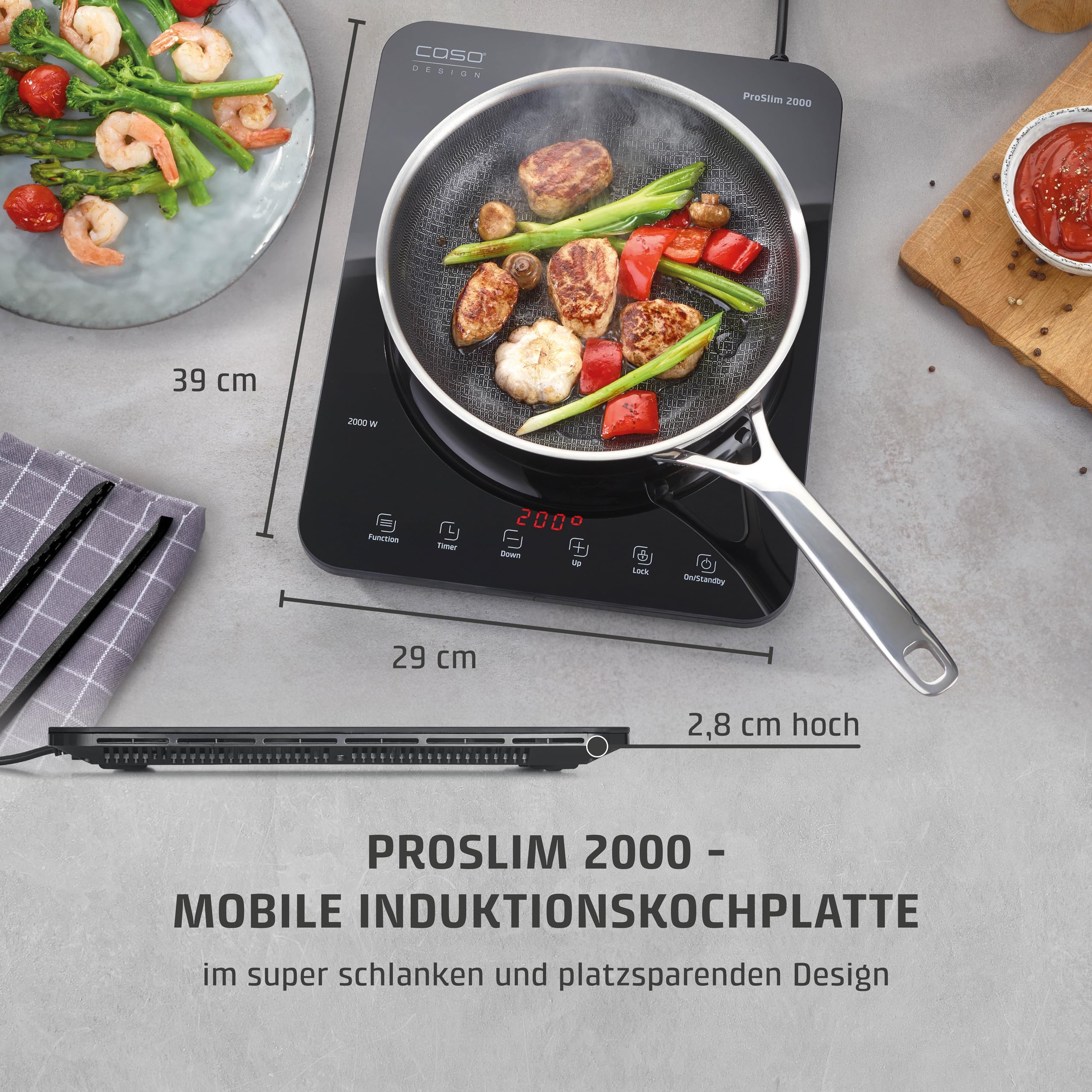 CASO ProSlim 2000 2000W Induktionskochplatte, 10 Temperaturstufen, Sensor-Touch, Timer