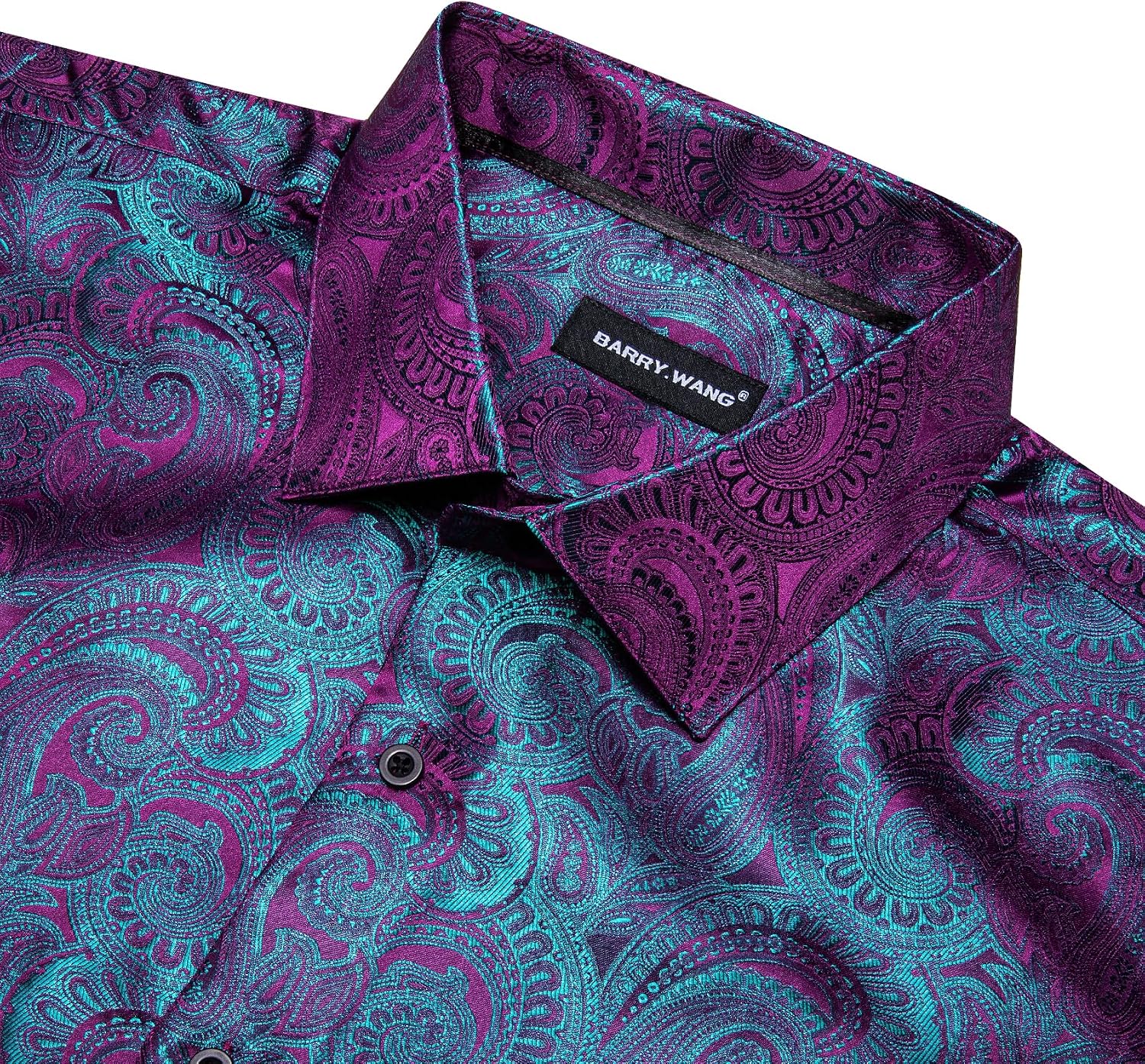 Barry.Wang Men Dress Shirts Long Sleeve Button Down Silk Paisley Floral Party Shirt Jacquard Business Formal