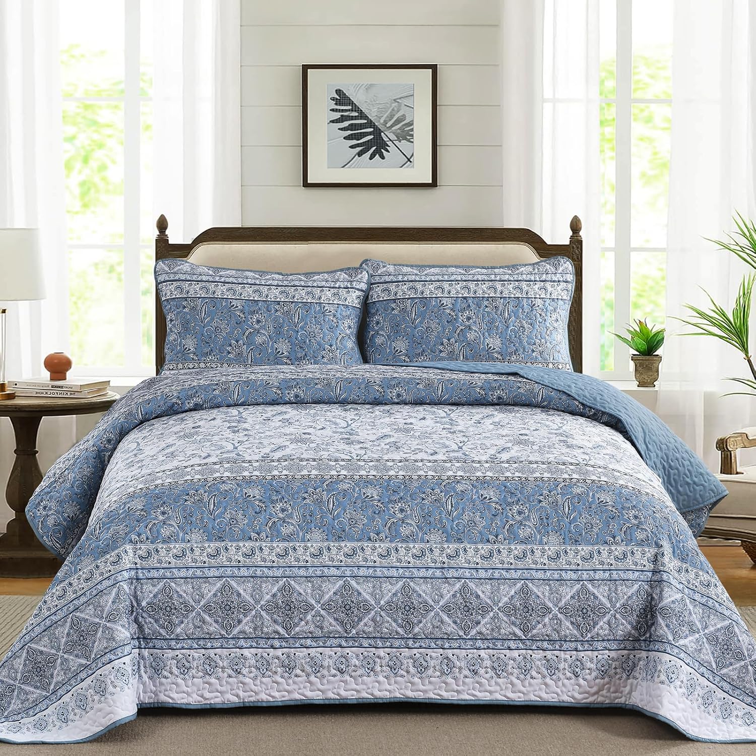 Yiran Blue Boho Quilt Set Queen Size Striped Bedspread Floral Bedding Set 3 Pieces Soft Microfiber Paisley Quilt with 2 Pillow Shams 96" x90'' - Image 2