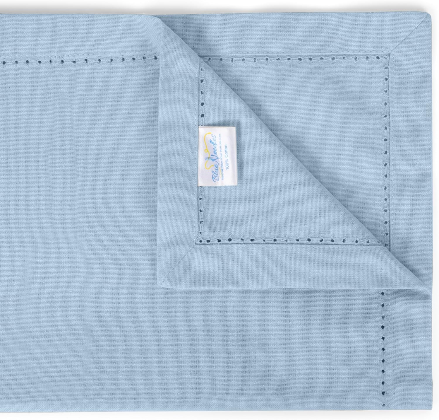 Blue Needles Set of 12 Hemstitch Linen Napkins 100% Cotton Ice Blue Cloth Dinner Napkins 18x18 inches - Spring Summer Easter - Soft, Reusable, Absorbent, Washable, Ideal for Parties & Everyday Use