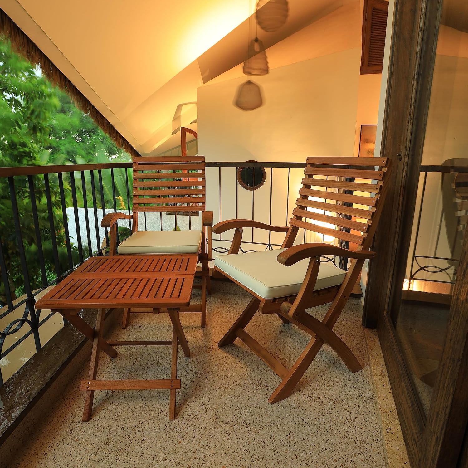 Idzo Heavy Duty Patio Bistro Armchairs Set of 2 for Outdoor with Mira Solid Wood Folding Side Table for Camping, Space-Saving Set