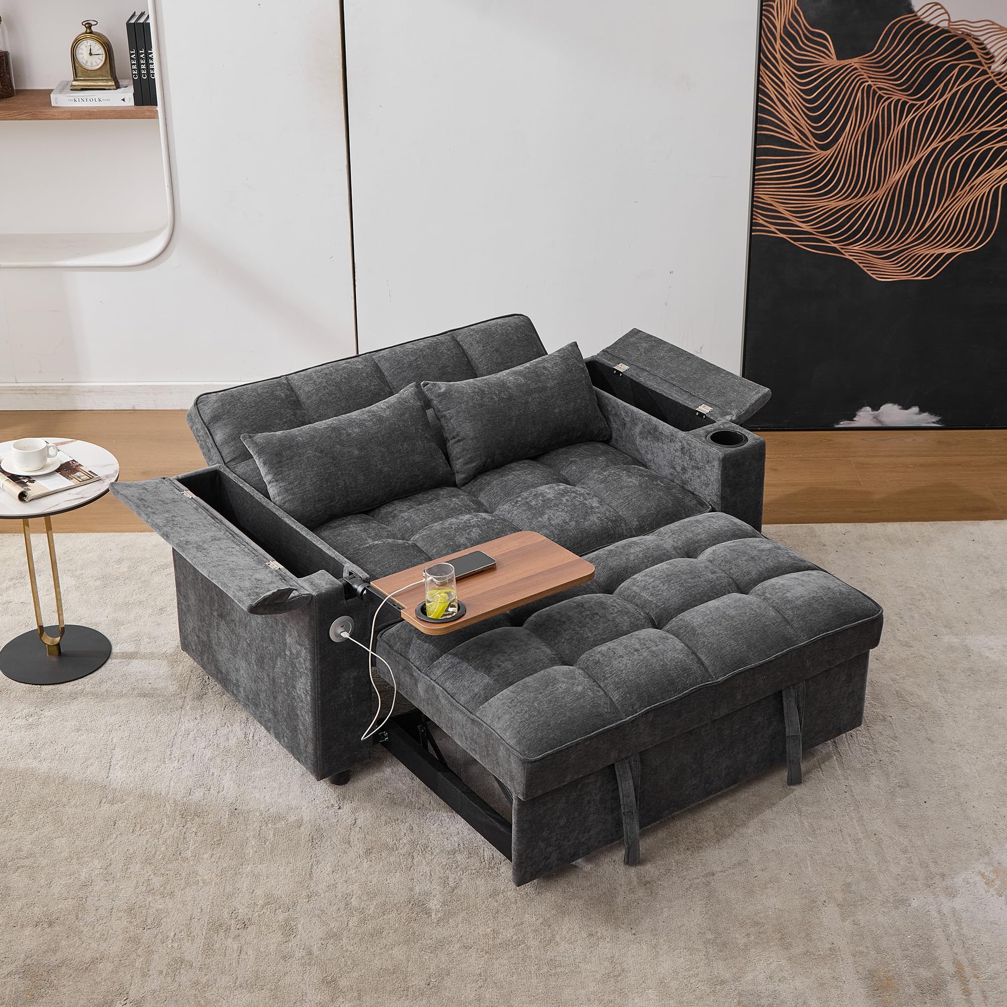 Merax Schlafsofa 3-in-1 Ausziehsofa 140x74x82 cm, 2-Sitzer Sofa mit Schlaffunktion, verstellbare Rückenlehne, USB & Typ-C, Daybed mit Getränkehalter und Stauraum, Ausziehbares Loungesofa Grau