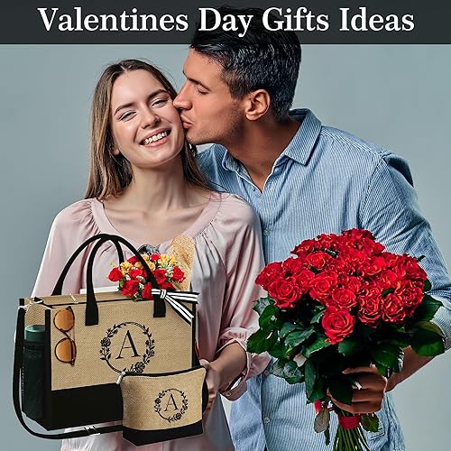 Miniatura 3 de YOOLIFE Bolsa de yute con inicial, bolsa de maquillaje con cremallera y correa ajustable, regalos personalizados para mujeres y cumpleaños