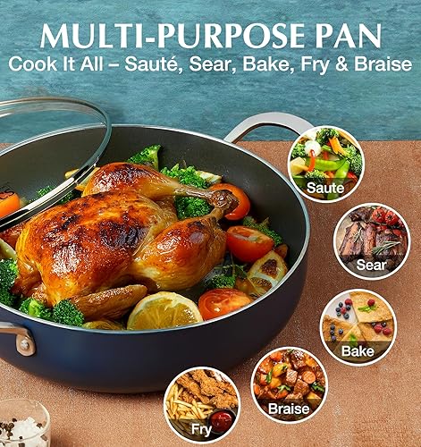 Miniatura 5 de KOCH SYSTEME CS Sartén para saltear de 12 pulgadas, sartén profunda de 5.5 cuartos de galón, sartén antiadherente de cerámica sin toxinas con tapa,