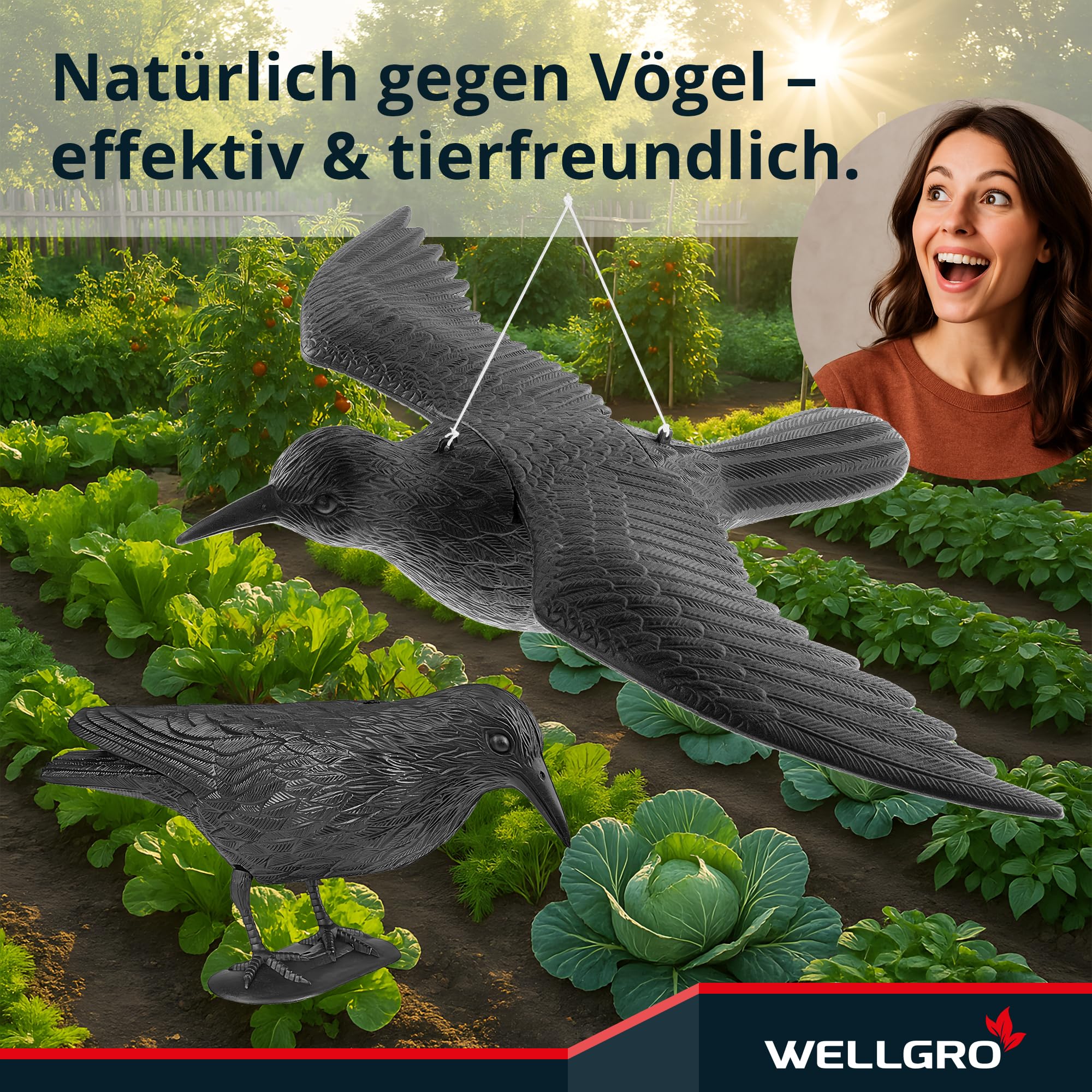 WELLGRO 4 X Uccello Schreck, Corvo Seduto di Plastica, Nero